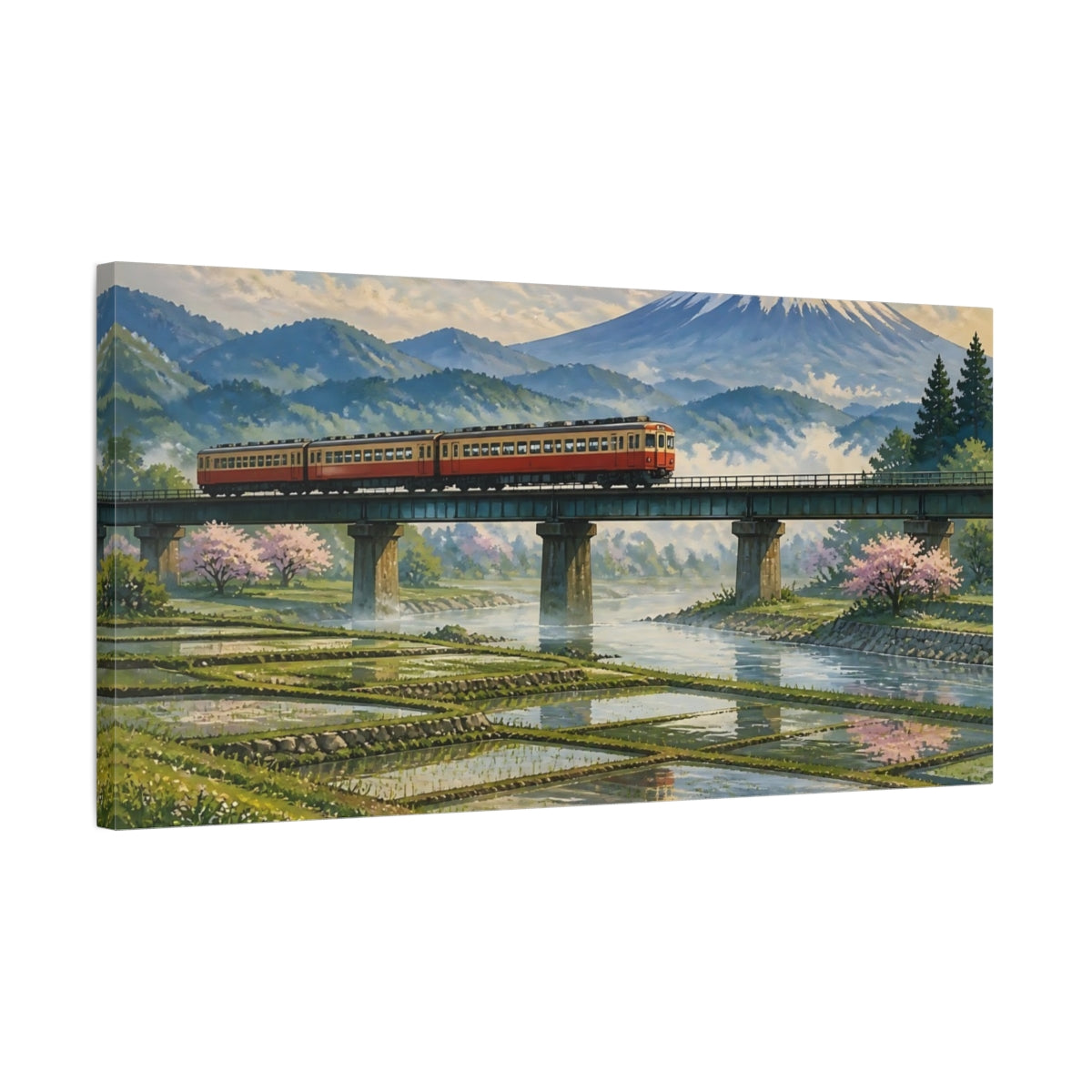 Side Mockup 1. Red Train On Bridge shown as canvas print