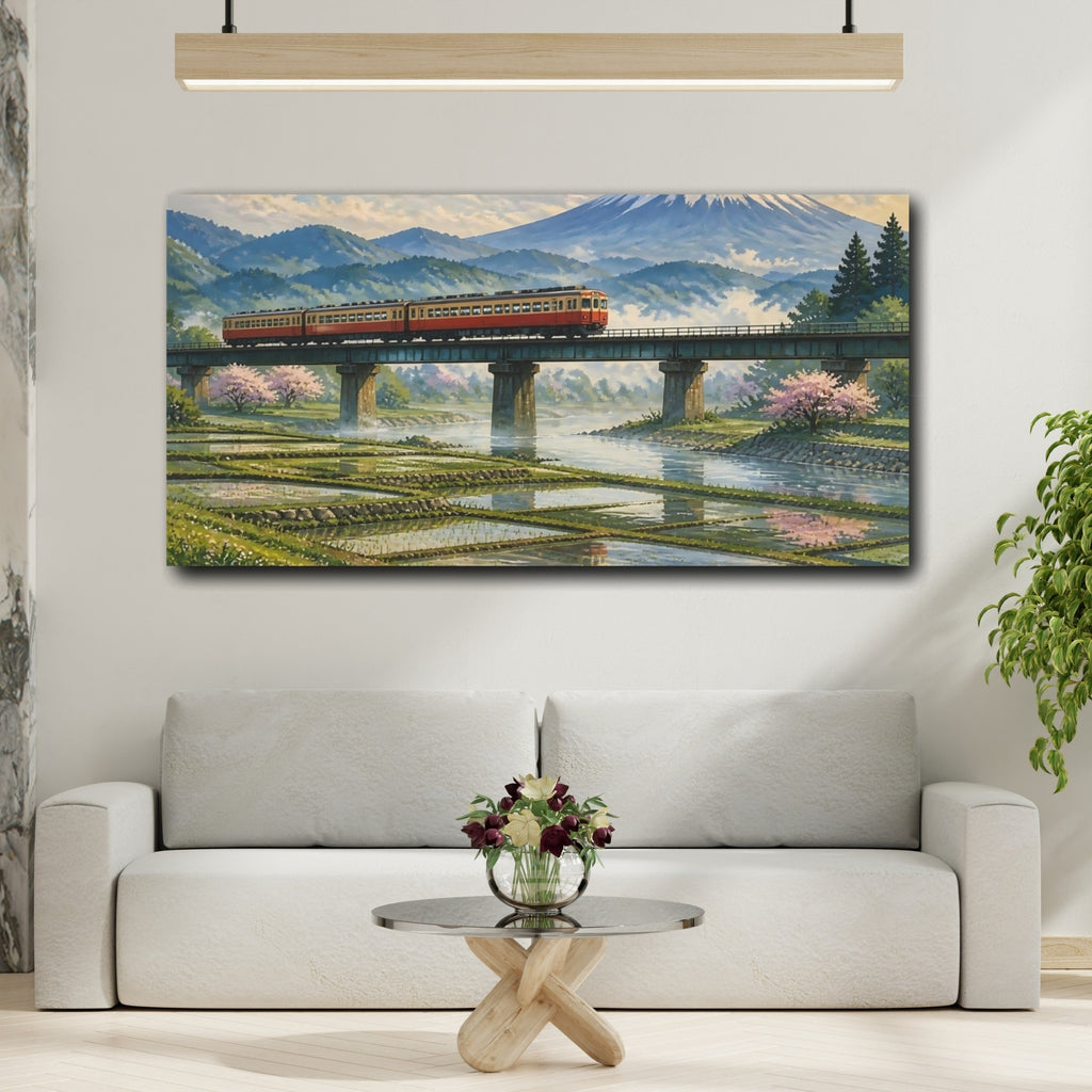 Mockup 2. Red Train On Bridge shown as canvas print
