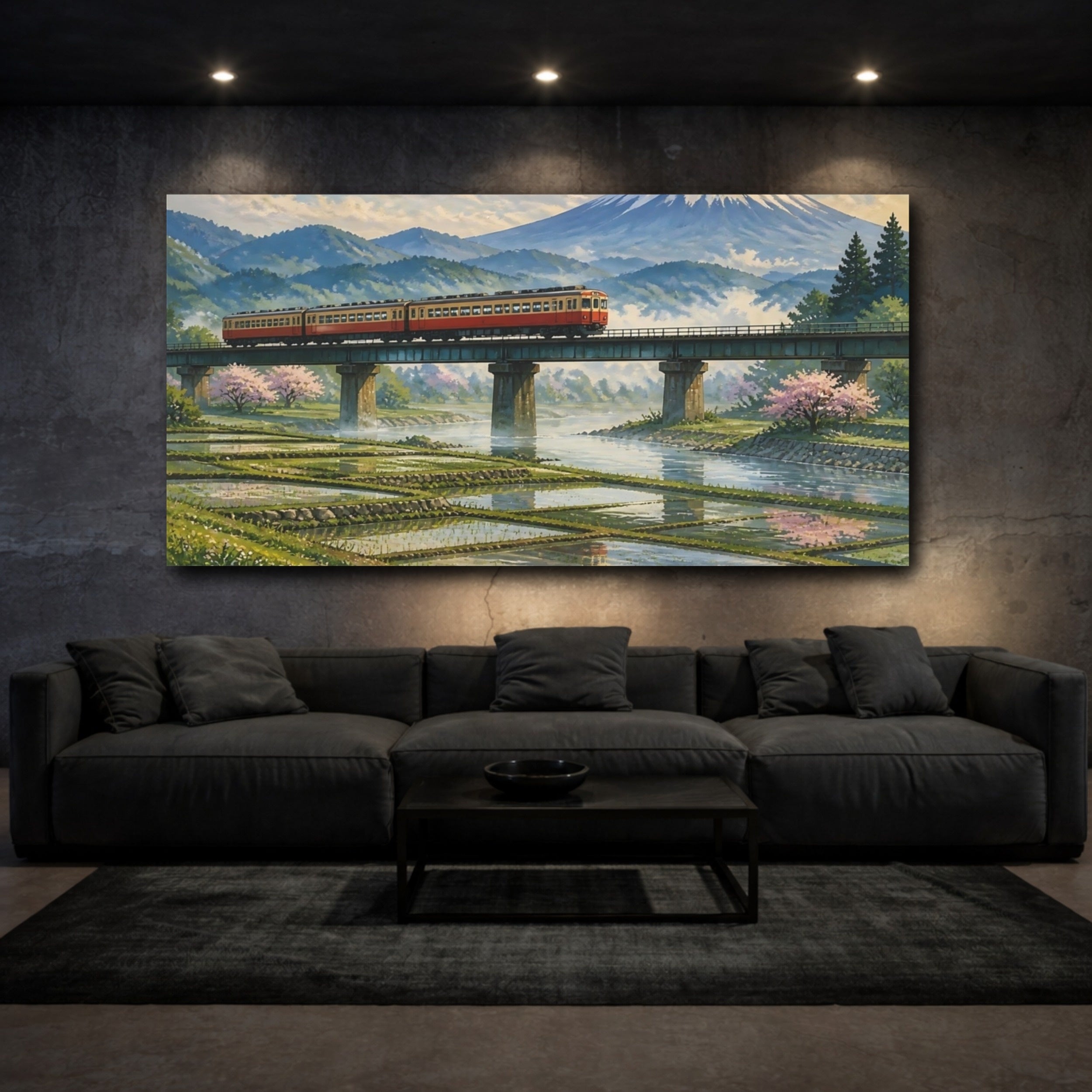 Mockup 3. Red Train On Bridge shown as canvas print
