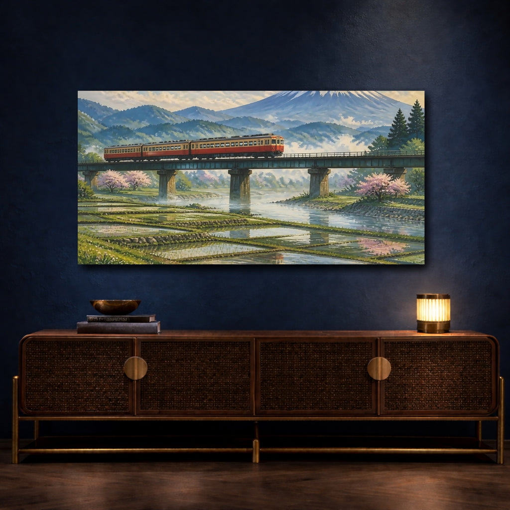 Mockup 4. Red Train On Bridge shown as canvas print