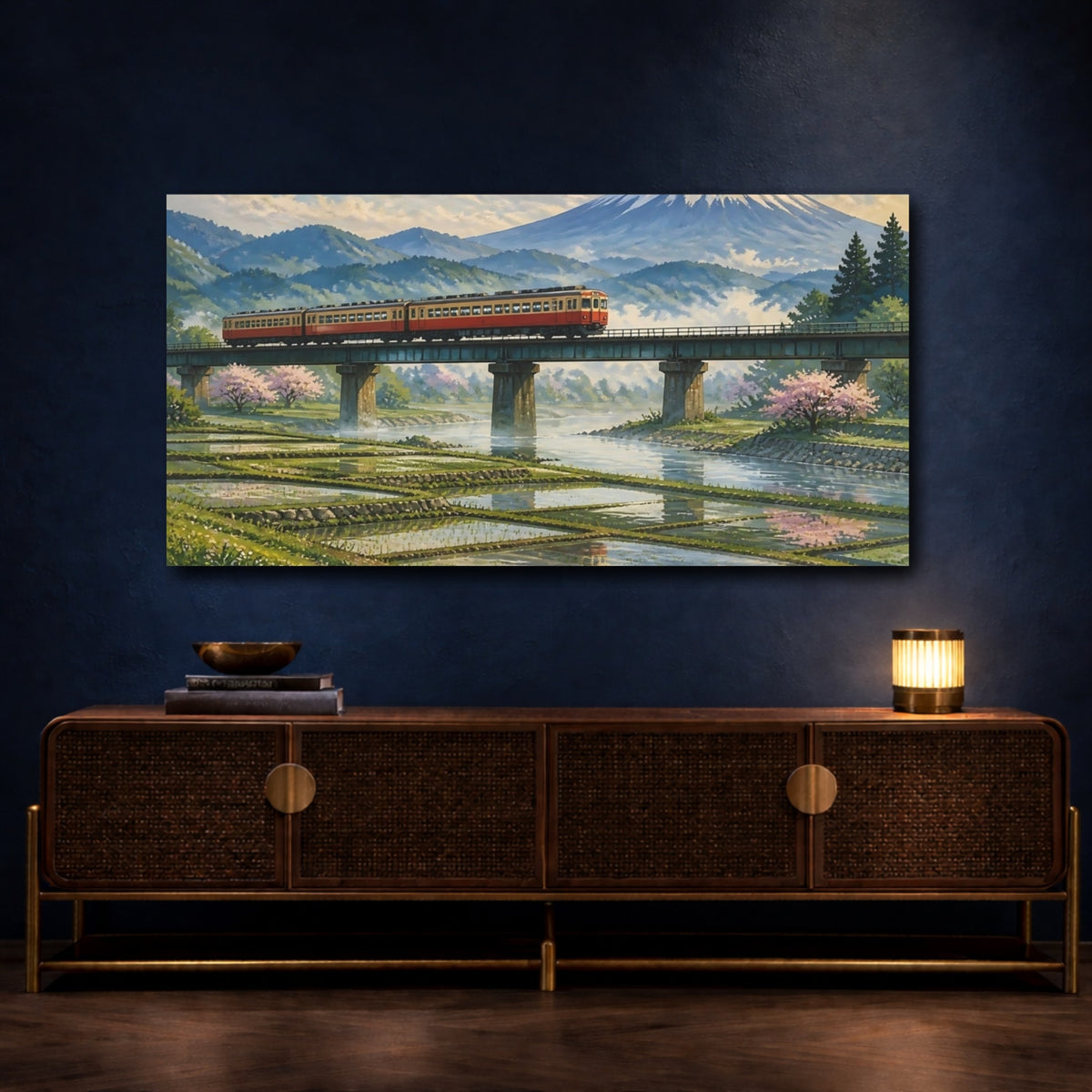 Mockup 4. Red Train On Bridge shown as canvas print