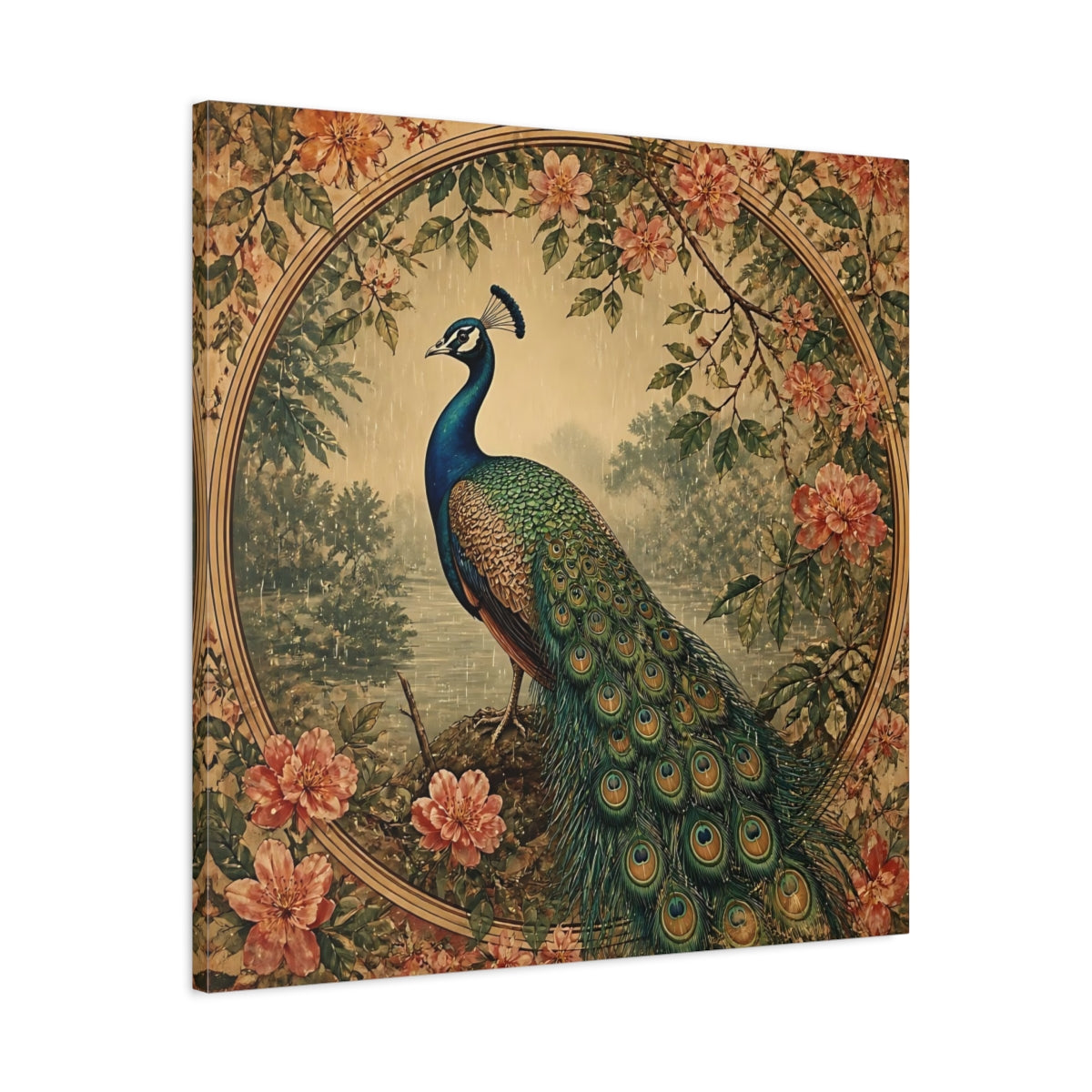 Side Mockup 3. Regal Peacock With Blossoms shown as canvas print