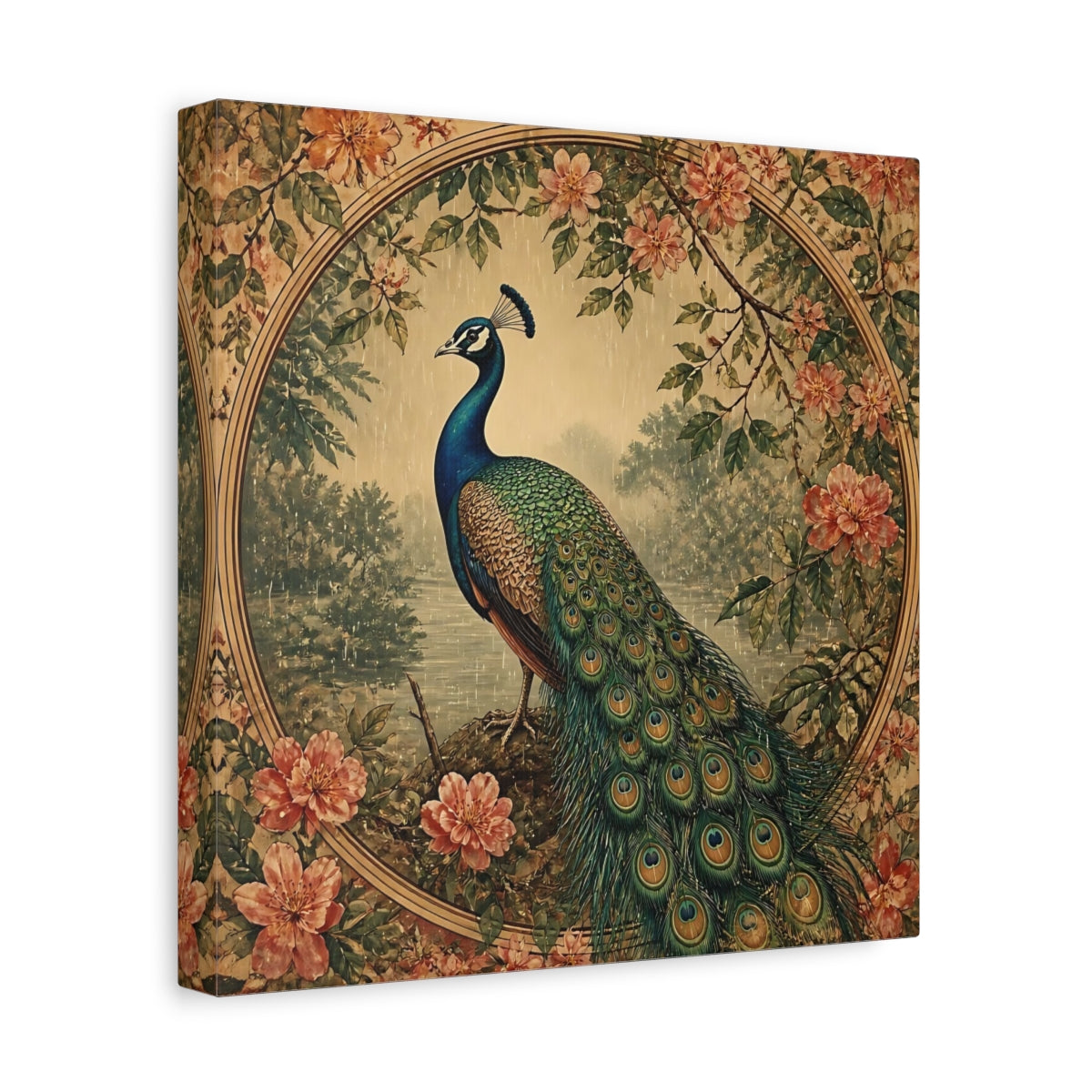 Side Mockup 8. Regal Peacock With Blossoms shown as canvas print
