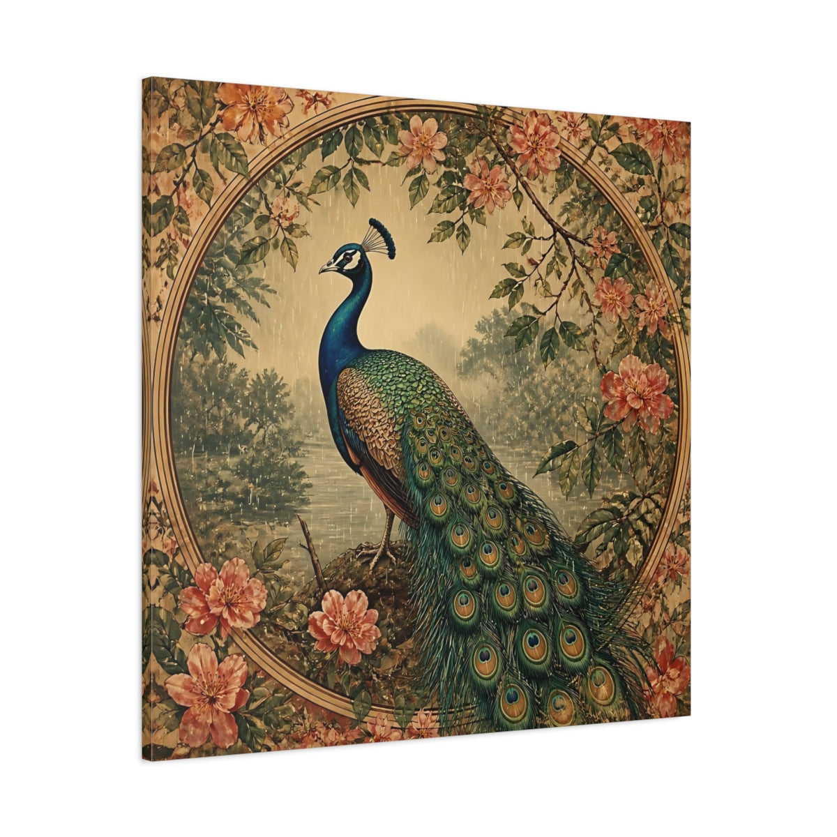 Side Mockup 1. Regal Peacock With Blossoms shown as canvas print