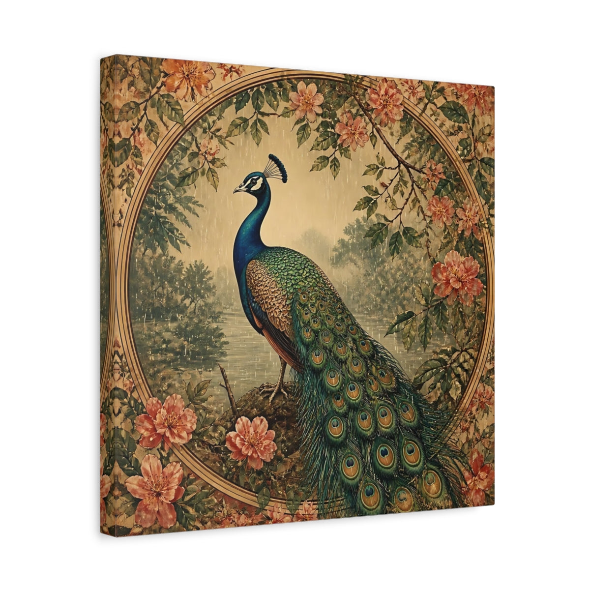 Side Mockup 6. Regal Peacock With Blossoms shown as canvas print