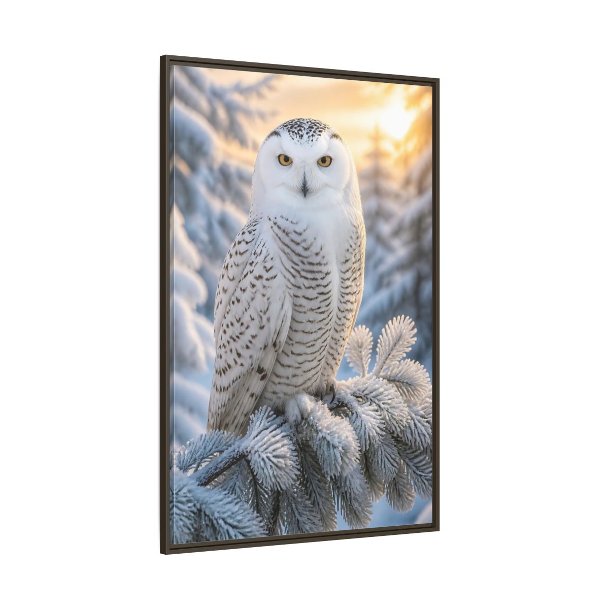 Side Mockup 8. Regal Snowy Owl Portrait shown as framed canvas print
