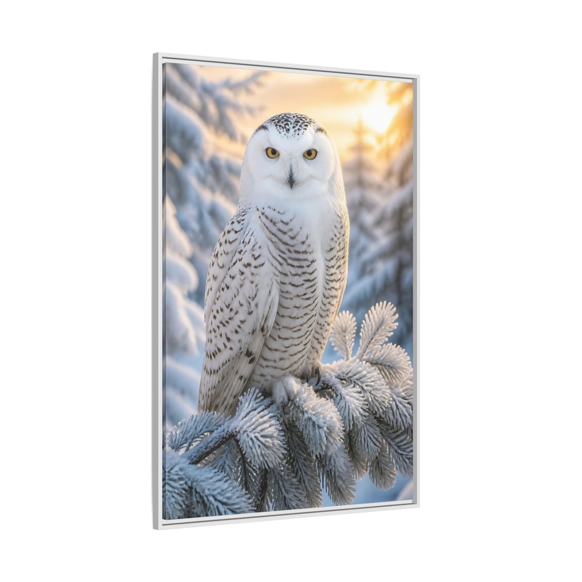 Side Mockup 7. Regal Snowy Owl Portrait shown as framed canvas print