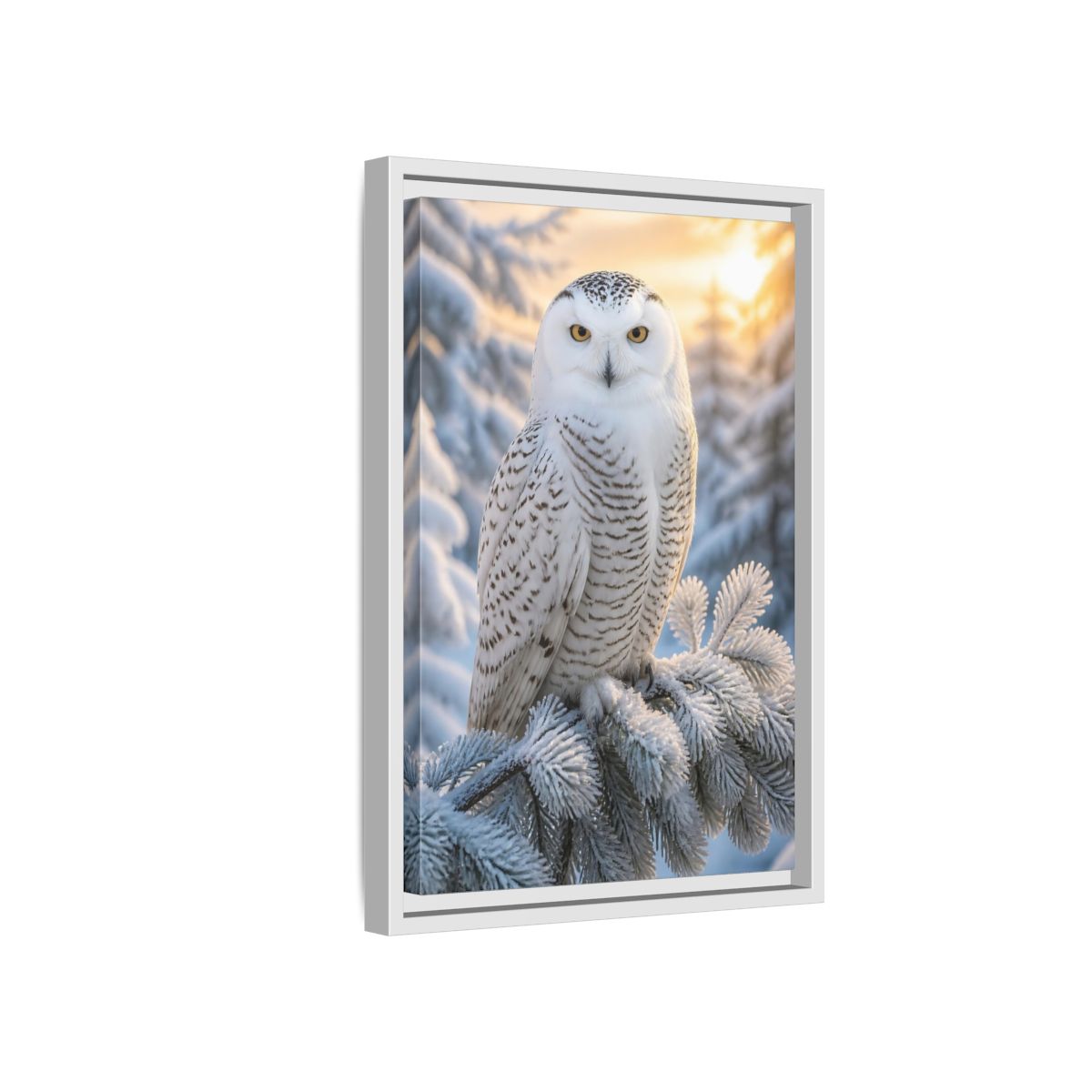 Side Mockup 4. Regal Snowy Owl Portrait shown as framed canvas print