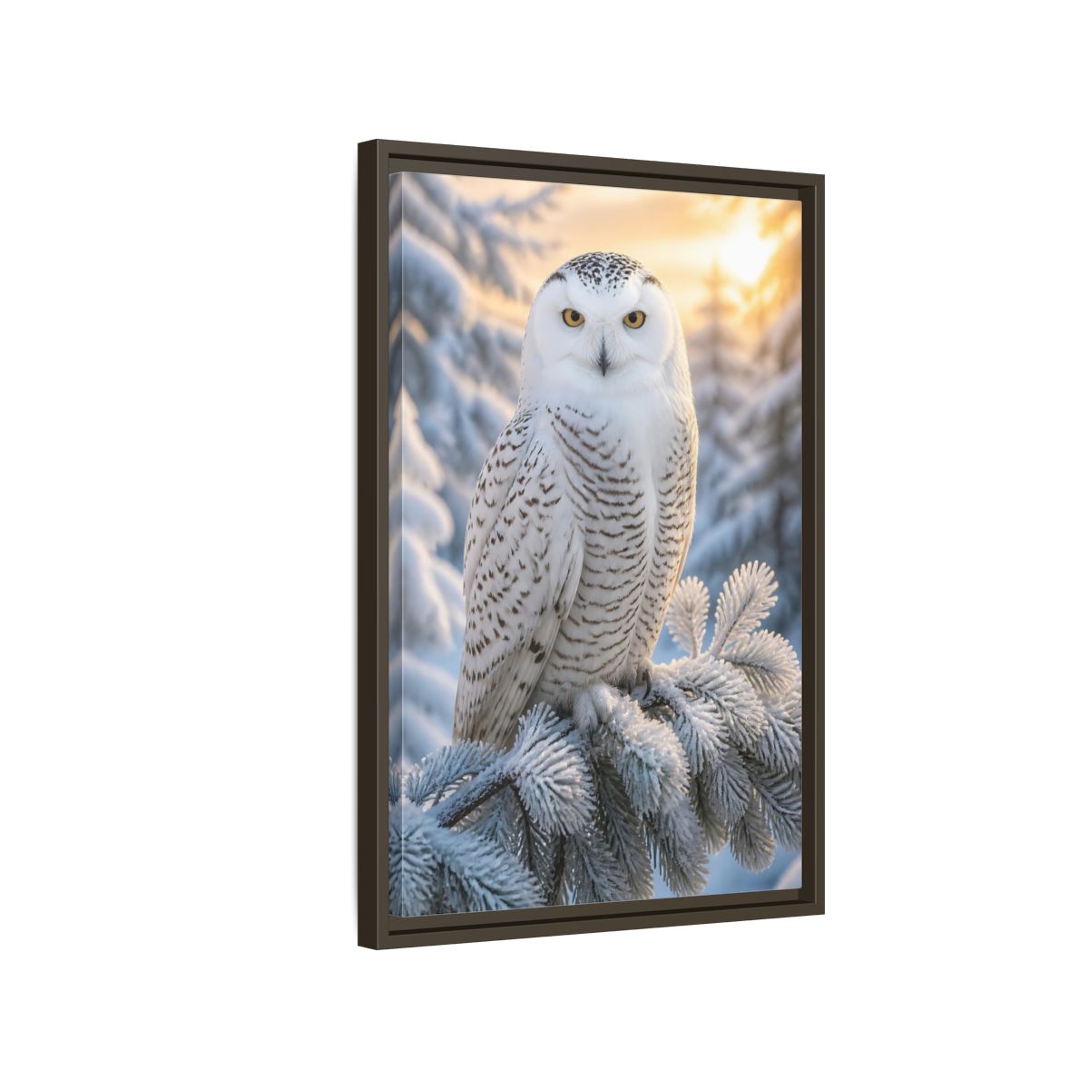 Side Mockup 2. Regal Snowy Owl Portrait shown as framed canvas print