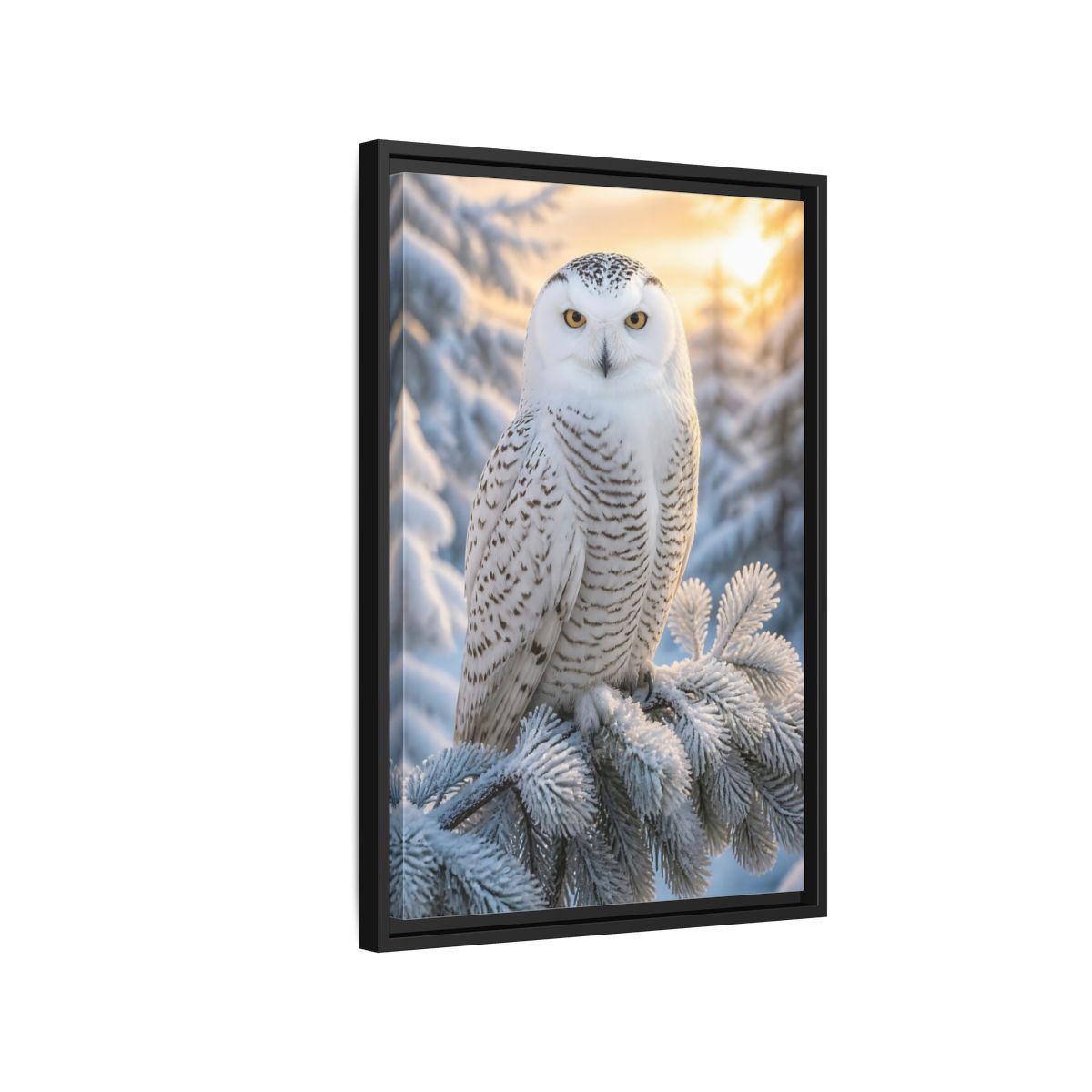 Side Mockup 3. Regal Snowy Owl Portrait shown as framed canvas print