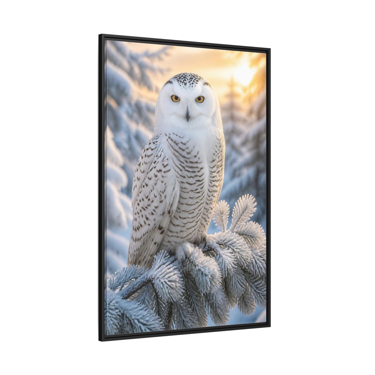 Side Mockup 12. Regal Snowy Owl Portrait shown as framed canvas print