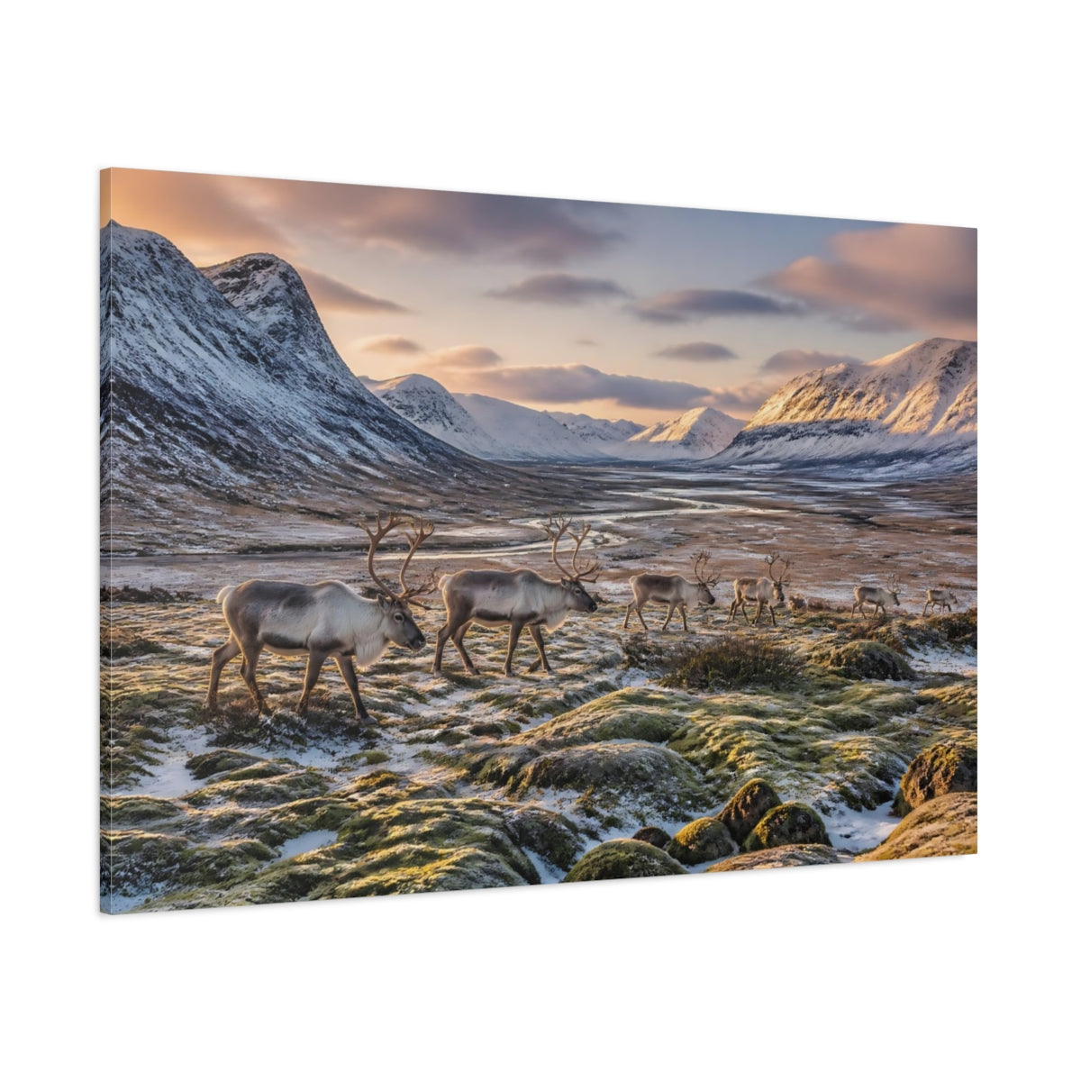Side Mockup 1. Reindeer Landscape At Dawn shown as canvas print