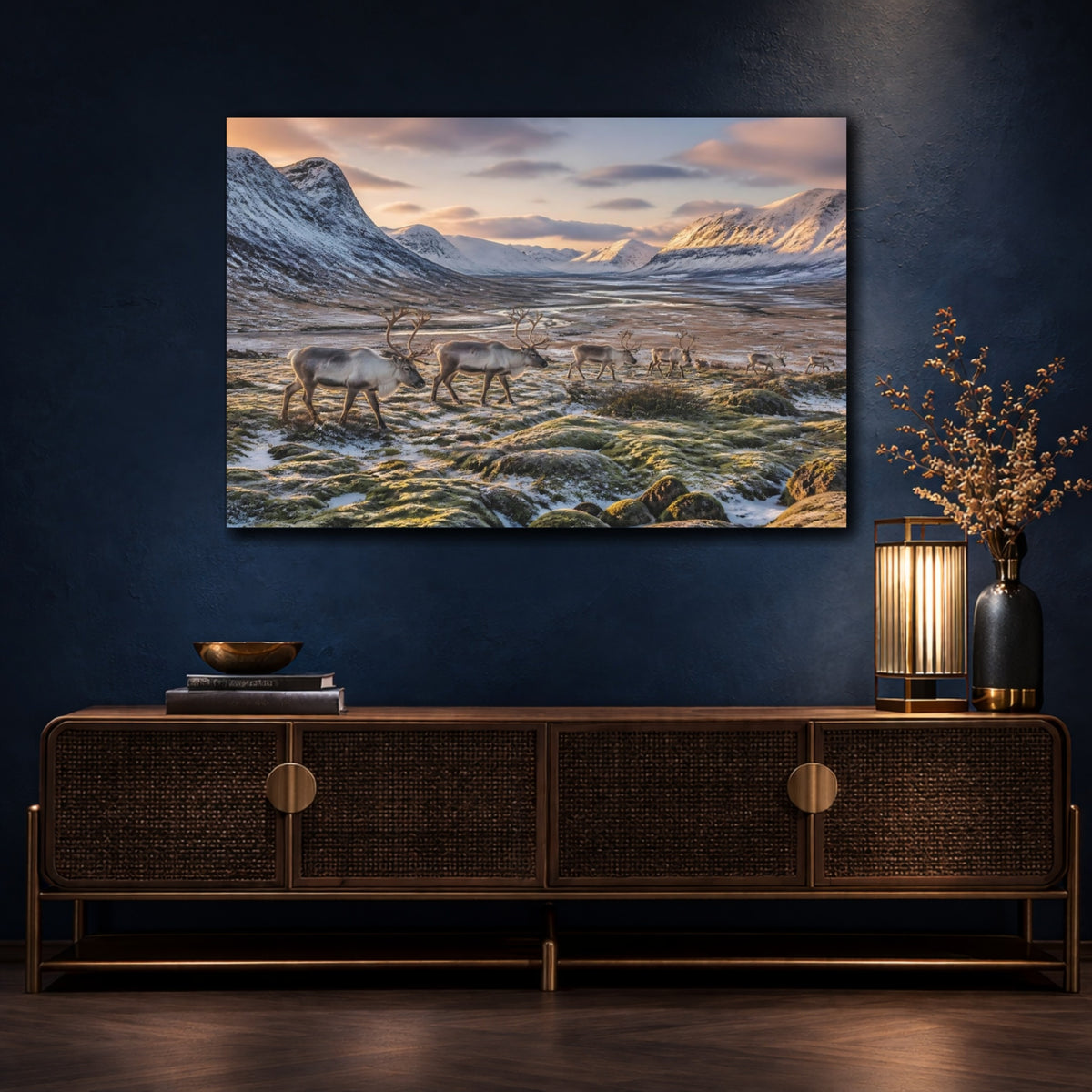Mockup 4. Reindeer Landscape At Dawn shown as canvas print