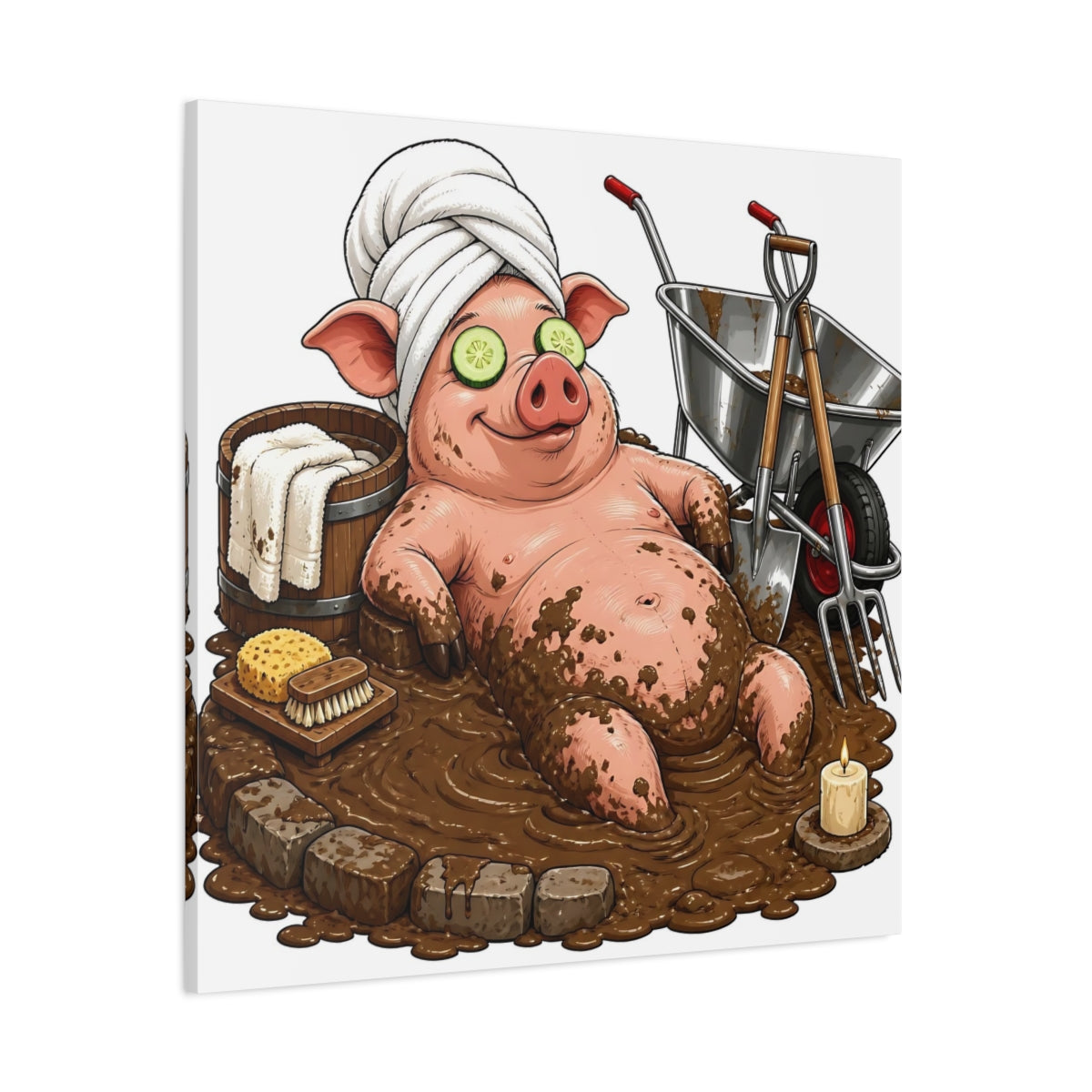 Side Mockup 1. Relaxing Spa Pig shown as canvas print