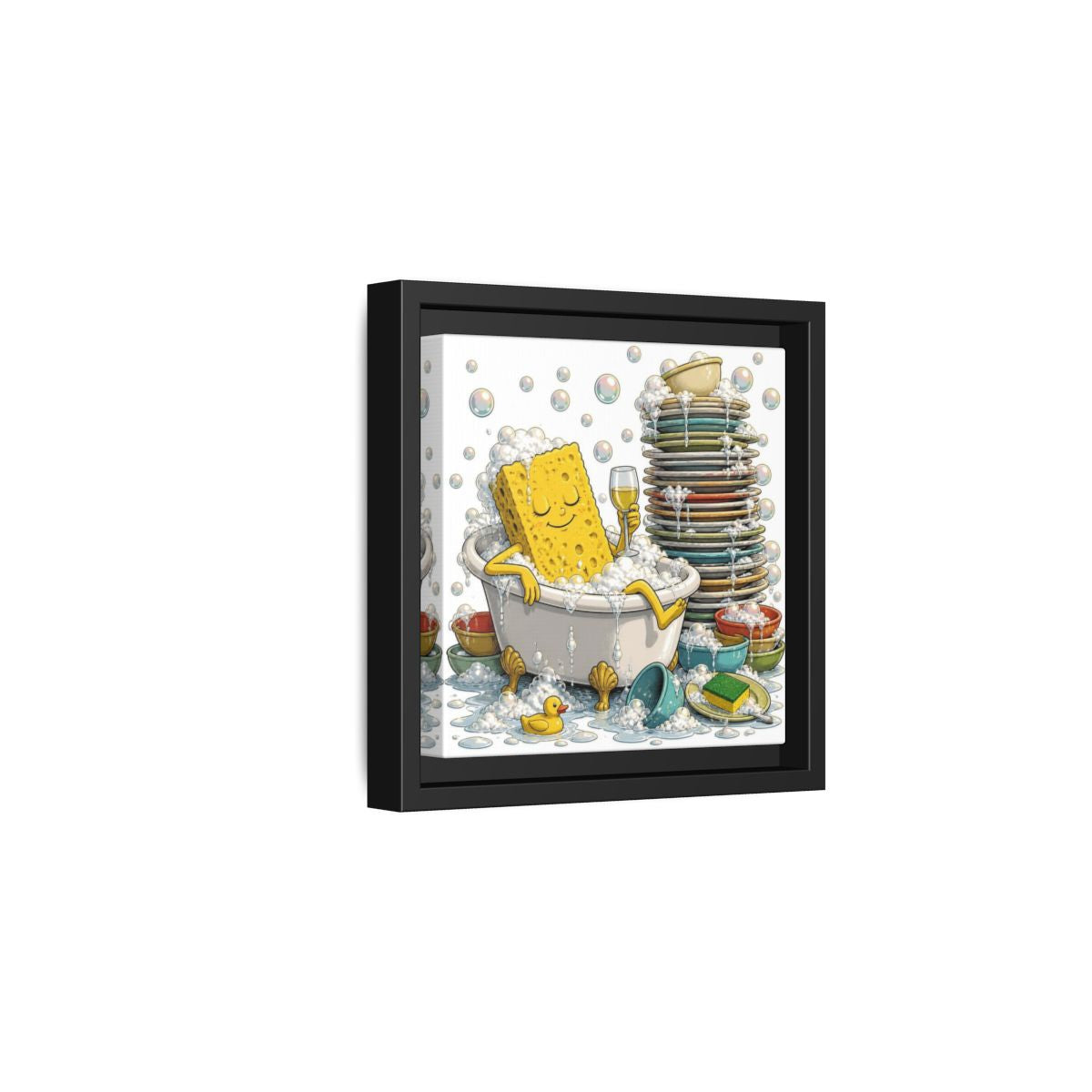 Side Mockup 3. Relaxing Sponge In Tub shown as framed canvas print