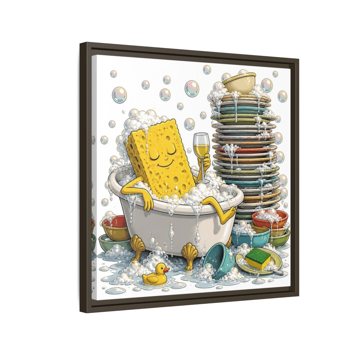 Side Mockup 11. Relaxing Sponge In Tub shown as framed canvas print