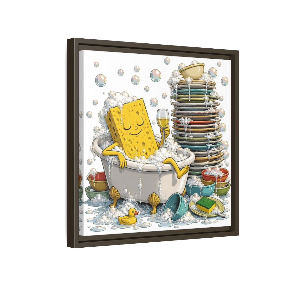 Side Mockup 14. Relaxing Sponge In Tub shown as framed canvas print