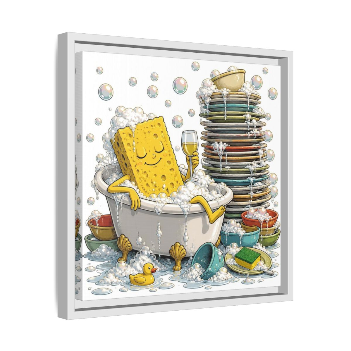 Side Mockup 28. Relaxing Sponge In Tub shown as framed canvas print