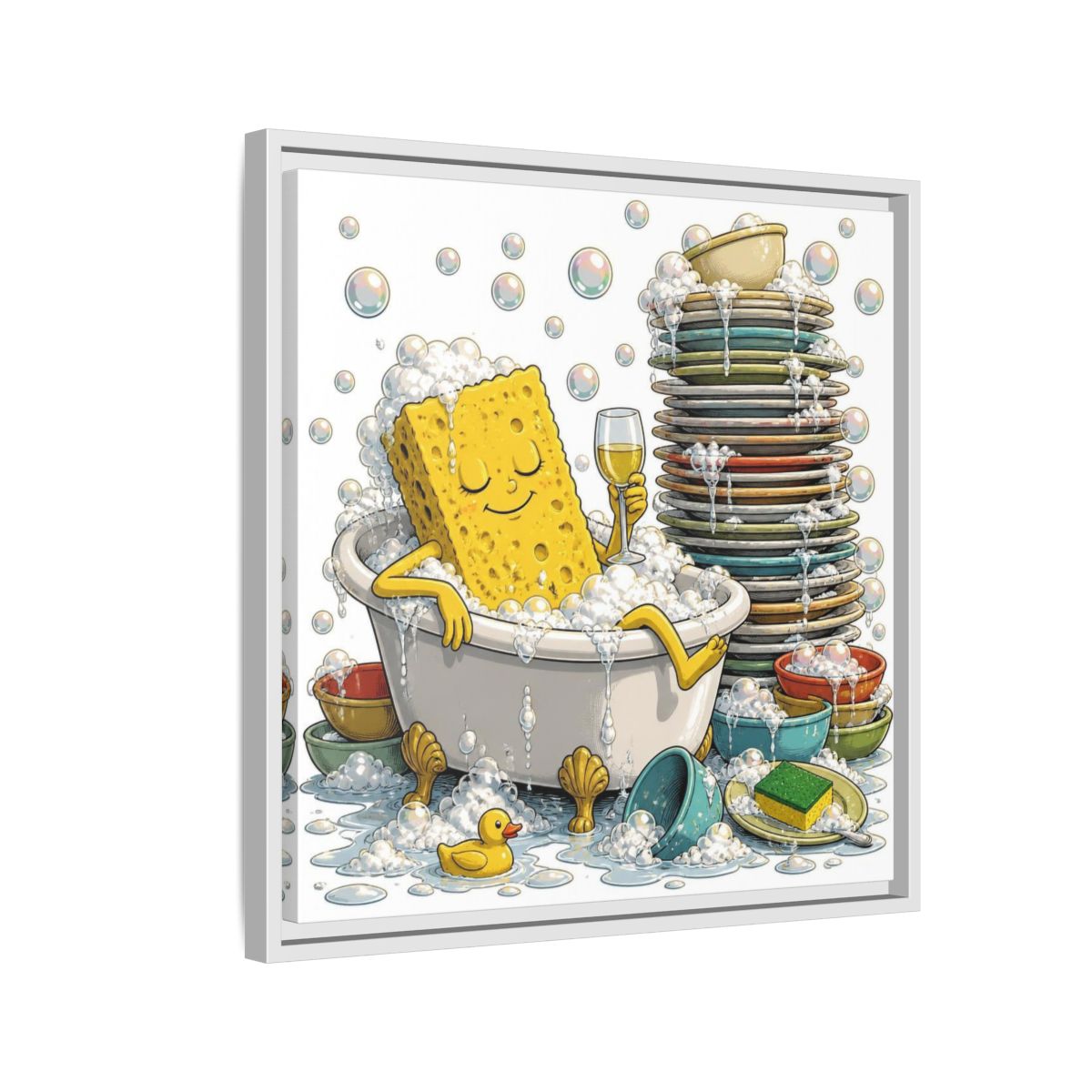 Side Mockup 10. Relaxing Sponge In Tub shown as framed canvas print