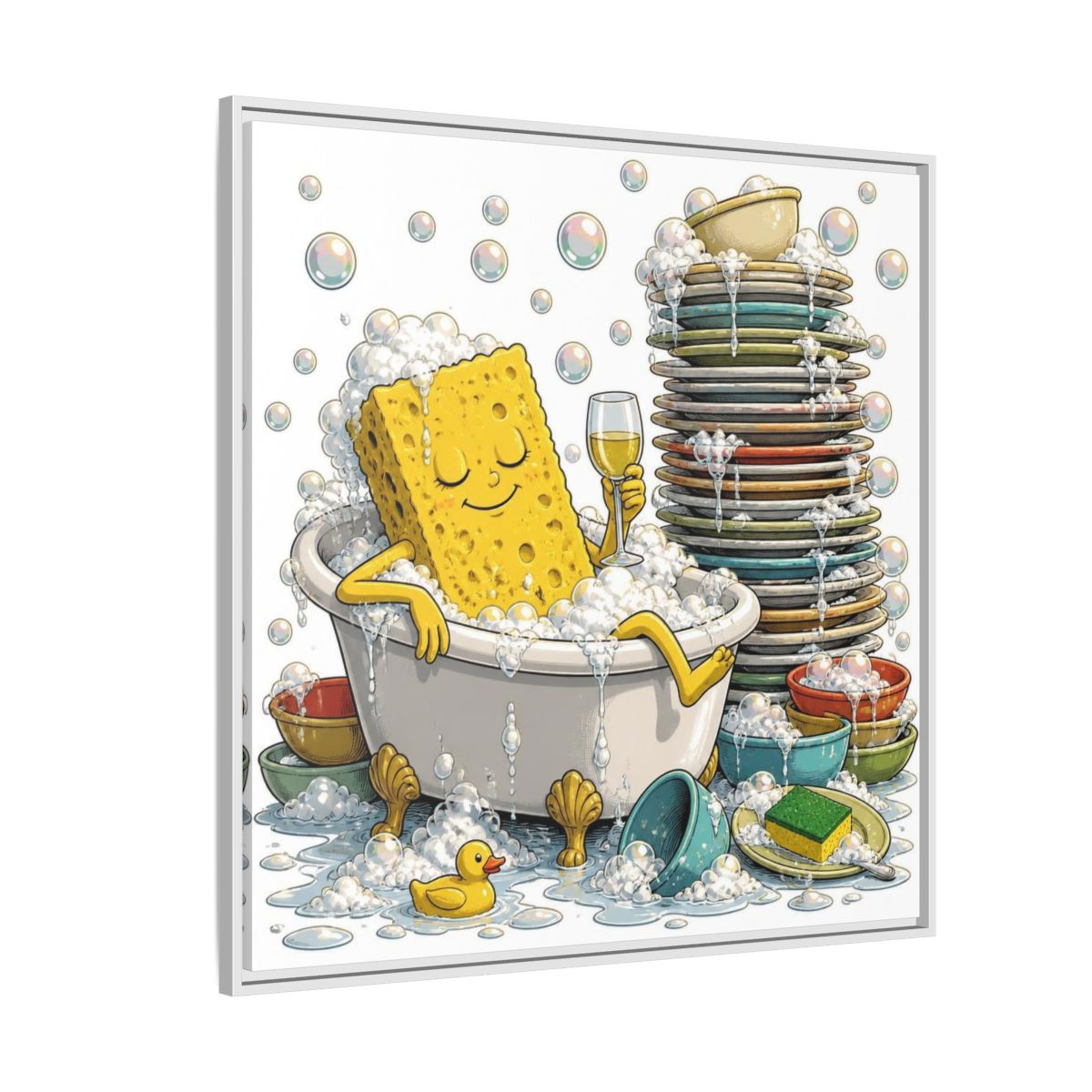 Side Mockup 4. Relaxing Sponge In Tub shown as framed canvas print