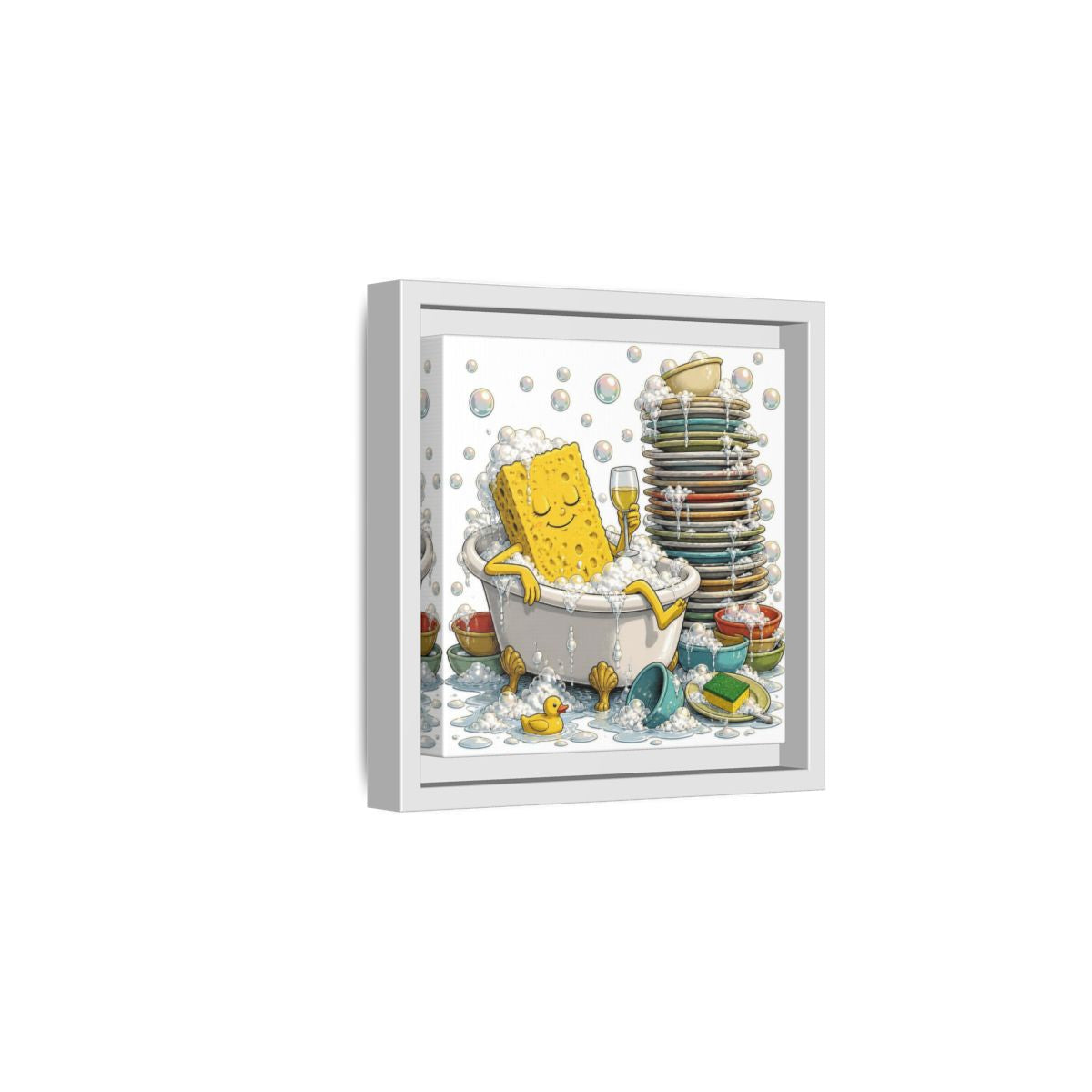 Side Mockup 1. Relaxing Sponge In Tub shown as framed canvas print