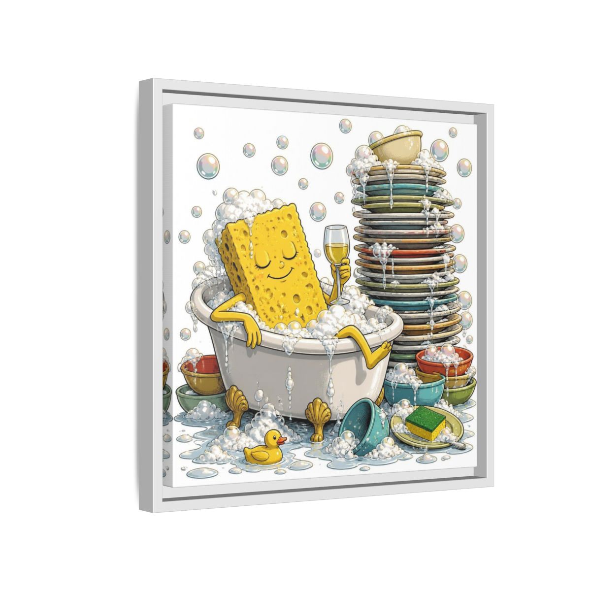 Side Mockup 13. Relaxing Sponge In Tub shown as framed canvas print