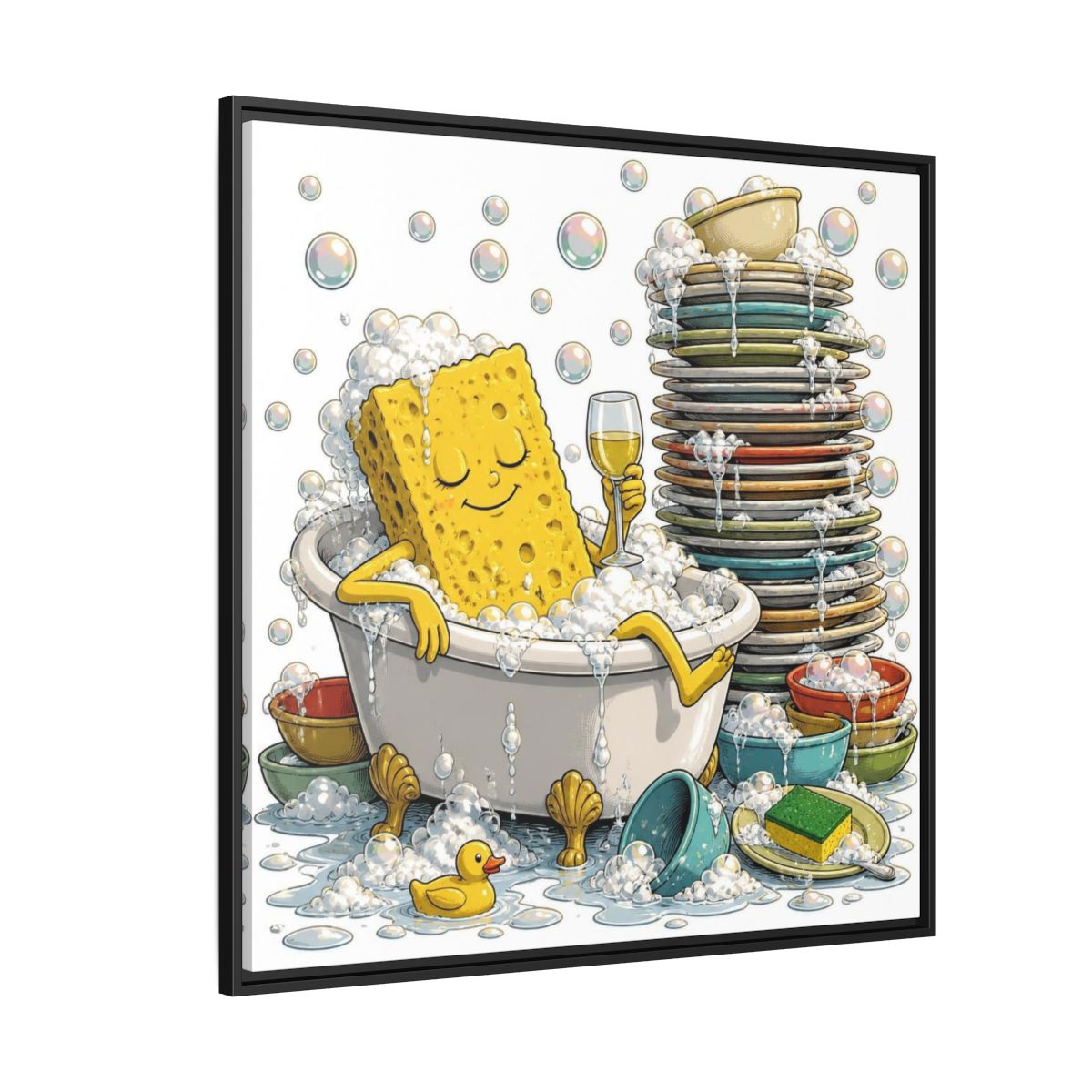 Side Mockup 6. Relaxing Sponge In Tub shown as framed canvas print