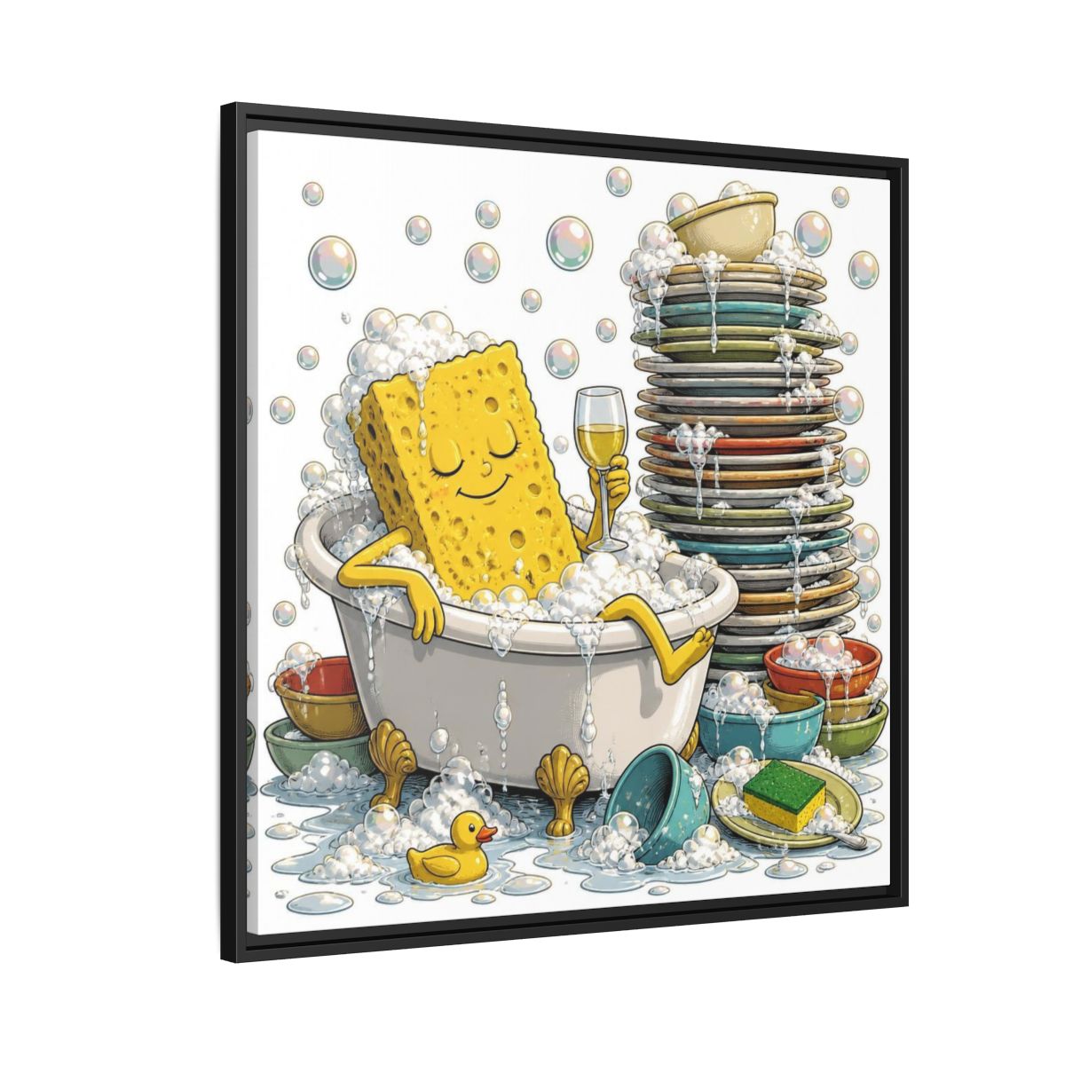 Side Mockup 9. Relaxing Sponge In Tub shown as framed canvas print