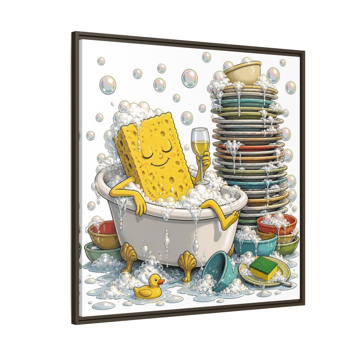 Side Mockup 5. Relaxing Sponge In Tub shown as framed canvas print
