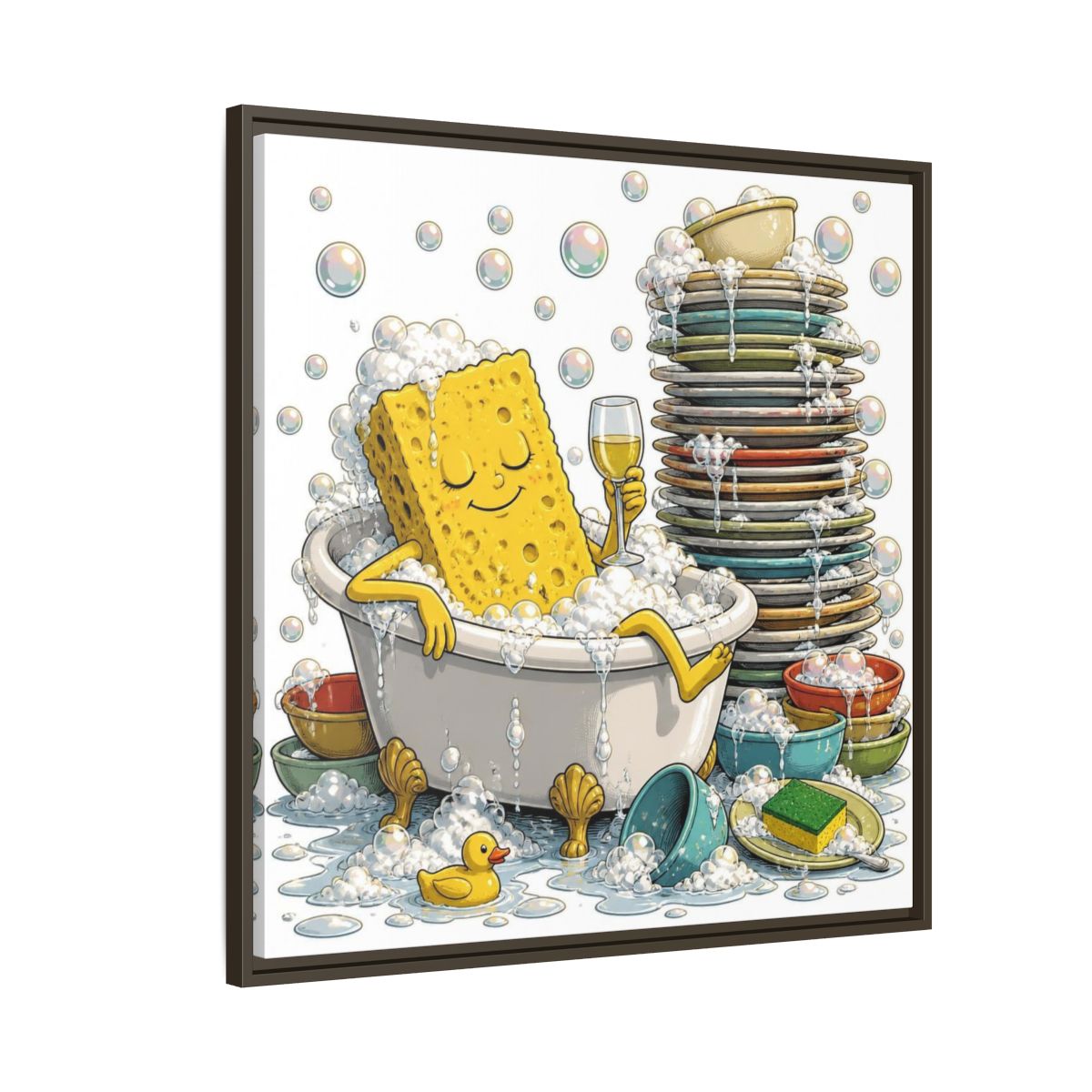 Side Mockup 8. Relaxing Sponge In Tub shown as framed canvas print