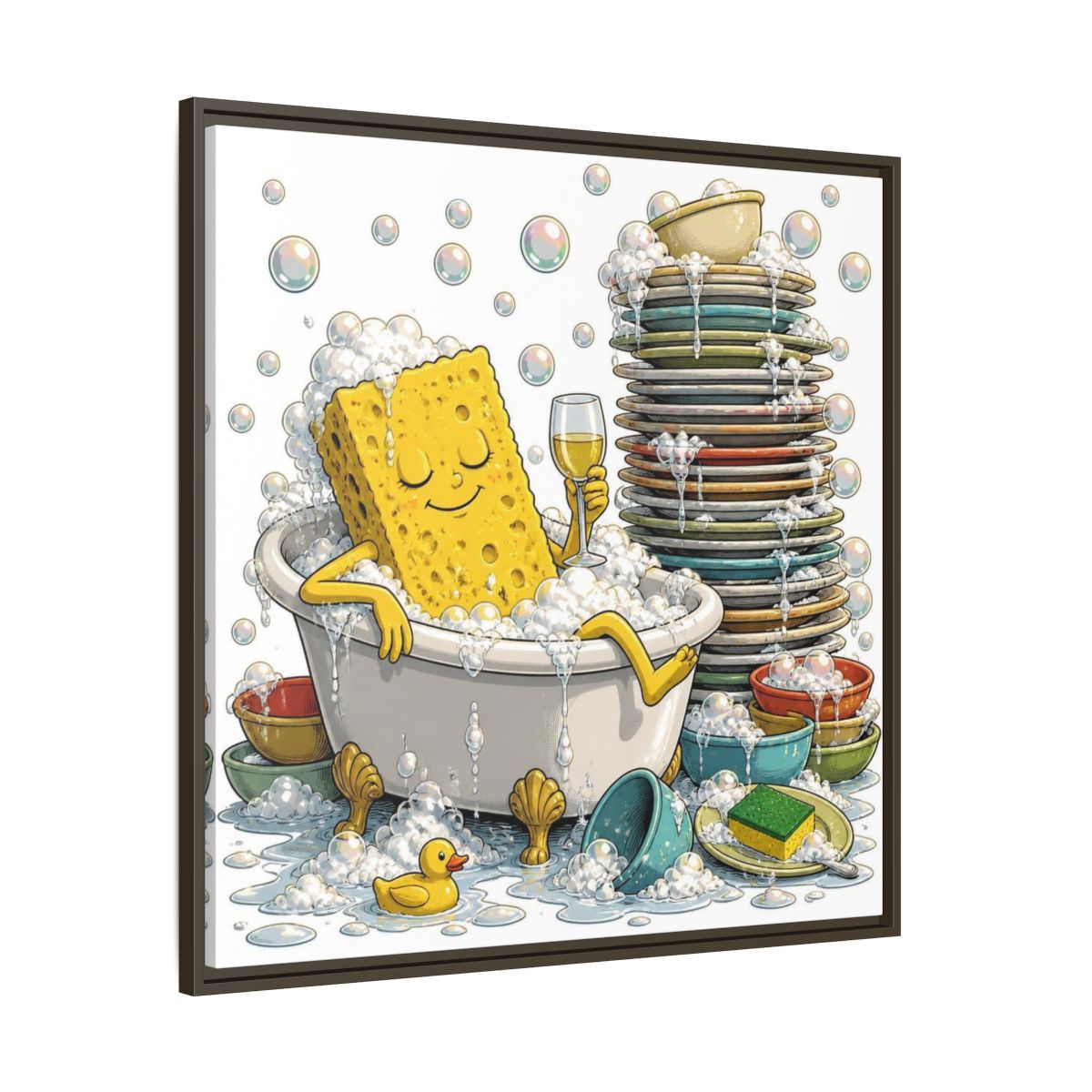 Main Mockup. Relaxing Sponge In Tub shown as framed canvas print