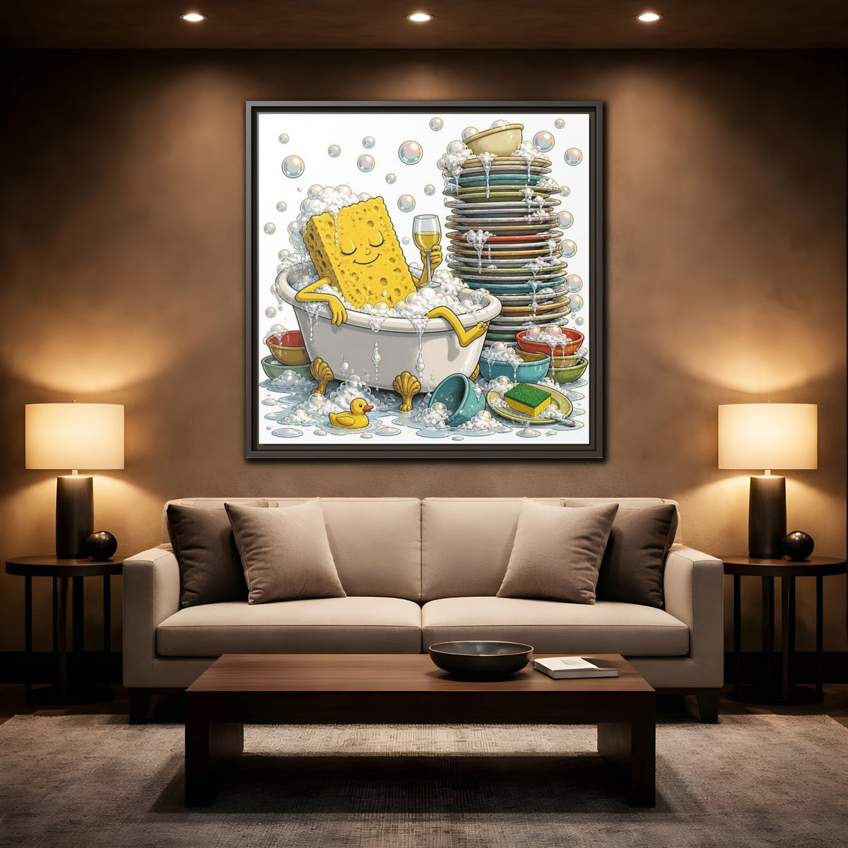 Mockup 2. Relaxing Sponge In Tub shown as framed canvas print