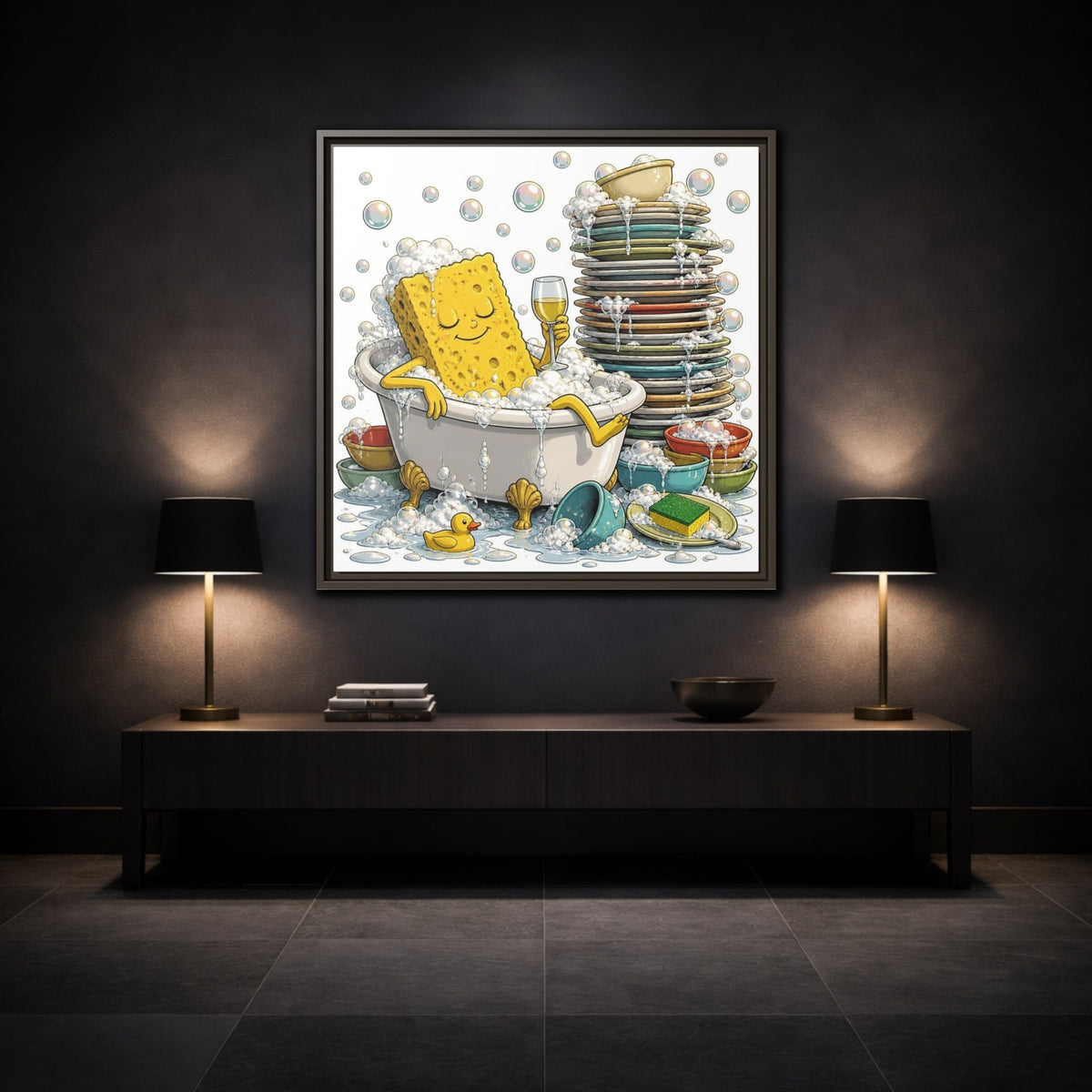 Mockup 3. Relaxing Sponge In Tub shown as framed canvas print