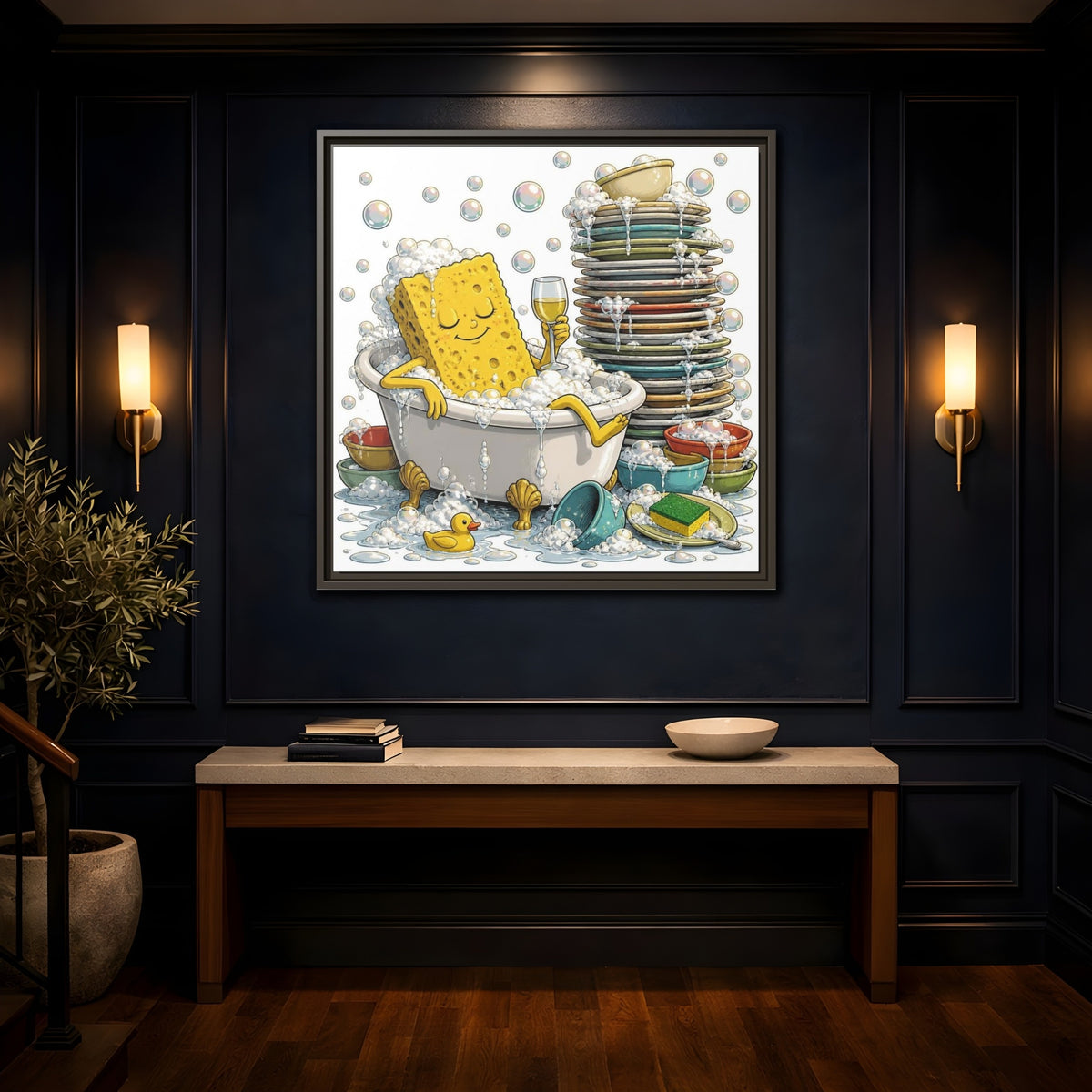 Mockup 4. Relaxing Sponge In Tub shown as framed canvas print