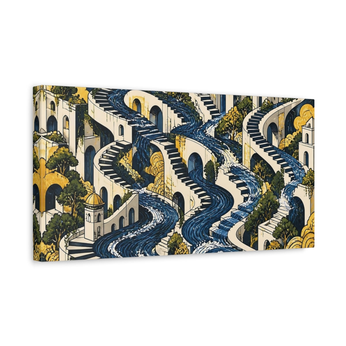 Side Mockup 3. River Of Winding Steps shown as canvas print