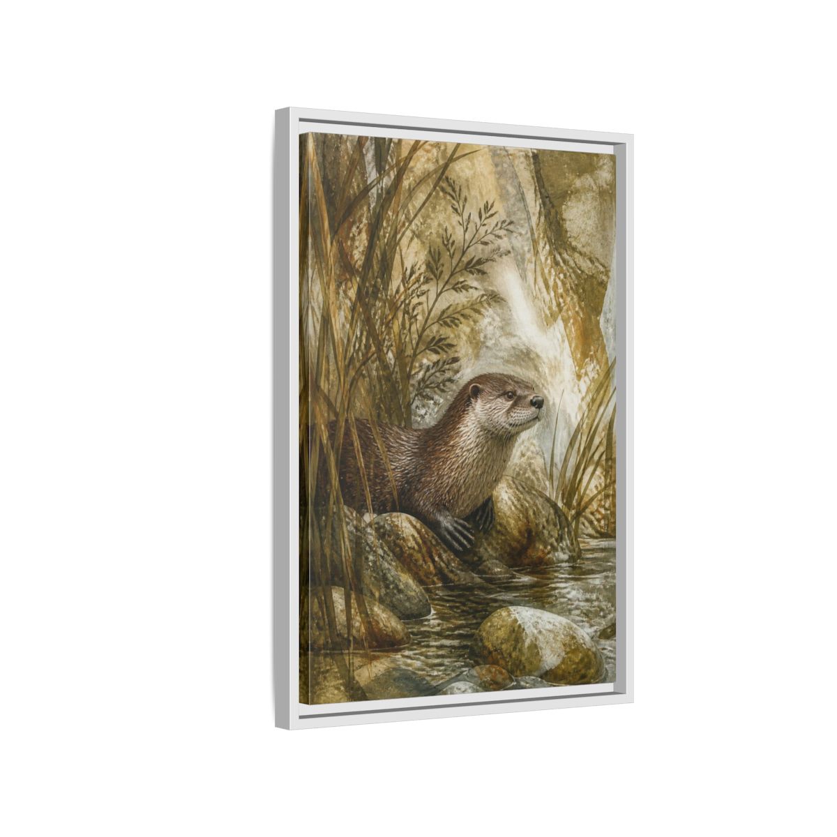 Side Mockup 1. River Otter Nature Study shown as framed canvas print