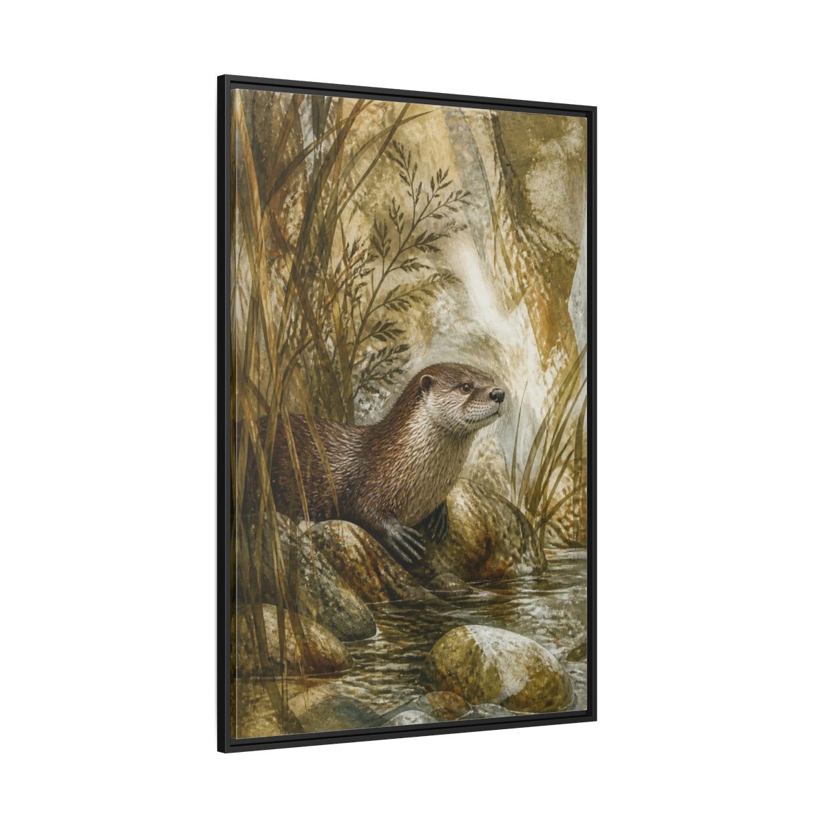 Side Mockup 12. River Otter Nature Study shown as framed canvas print