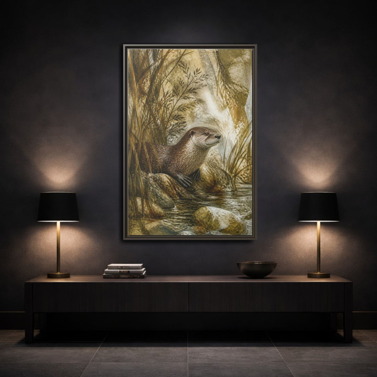 Mockup 3. River Otter Nature Study shown as framed canvas print