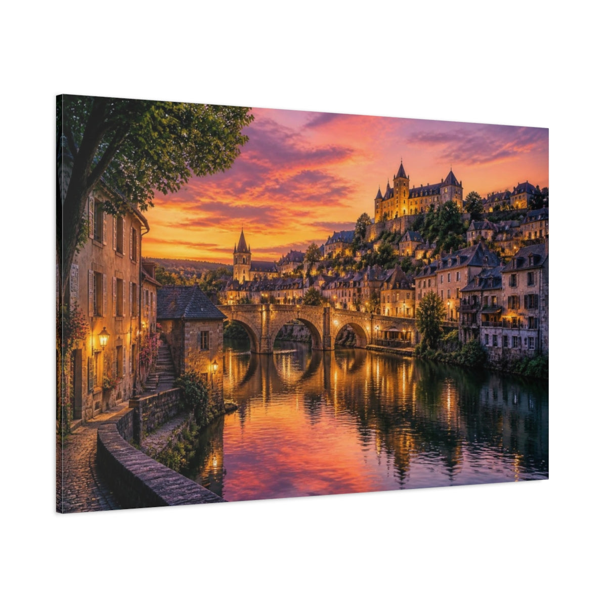 Side Mockup 1. Riverside Landscape At Sunset shown as canvas print