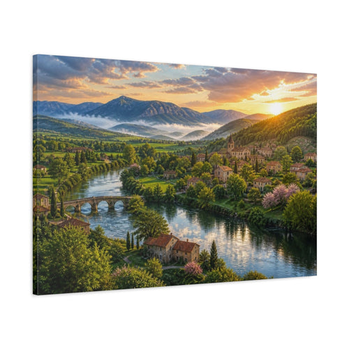Main Mockup. Riverside Sunrise Landscape shown as canvas print
