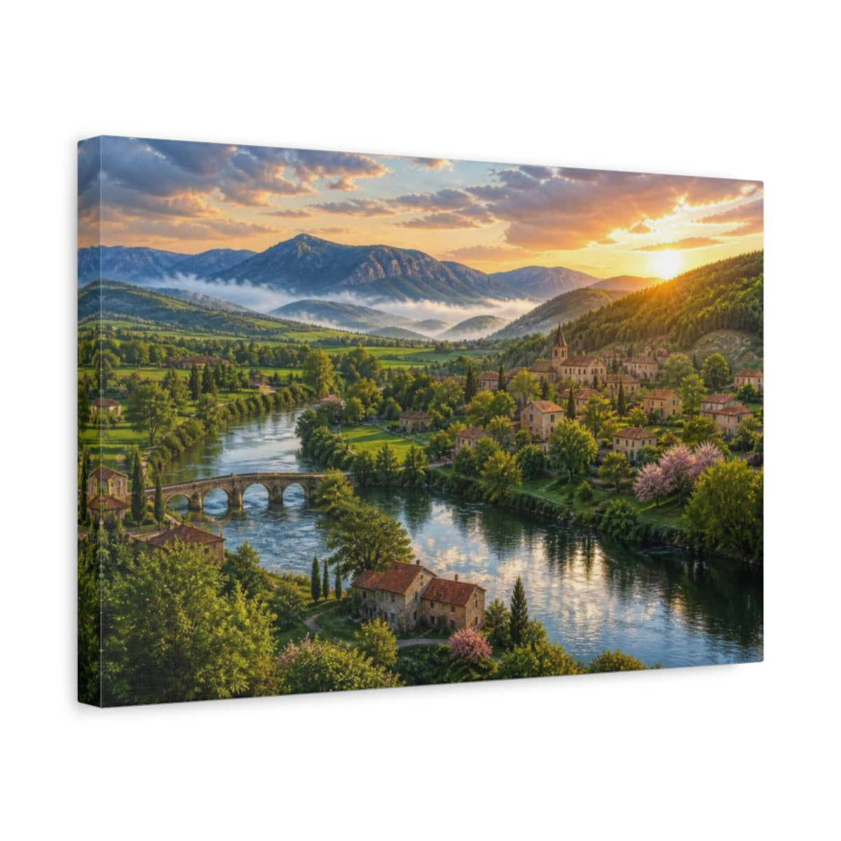 Side Mockup 4. Riverside Sunrise Landscape shown as canvas print