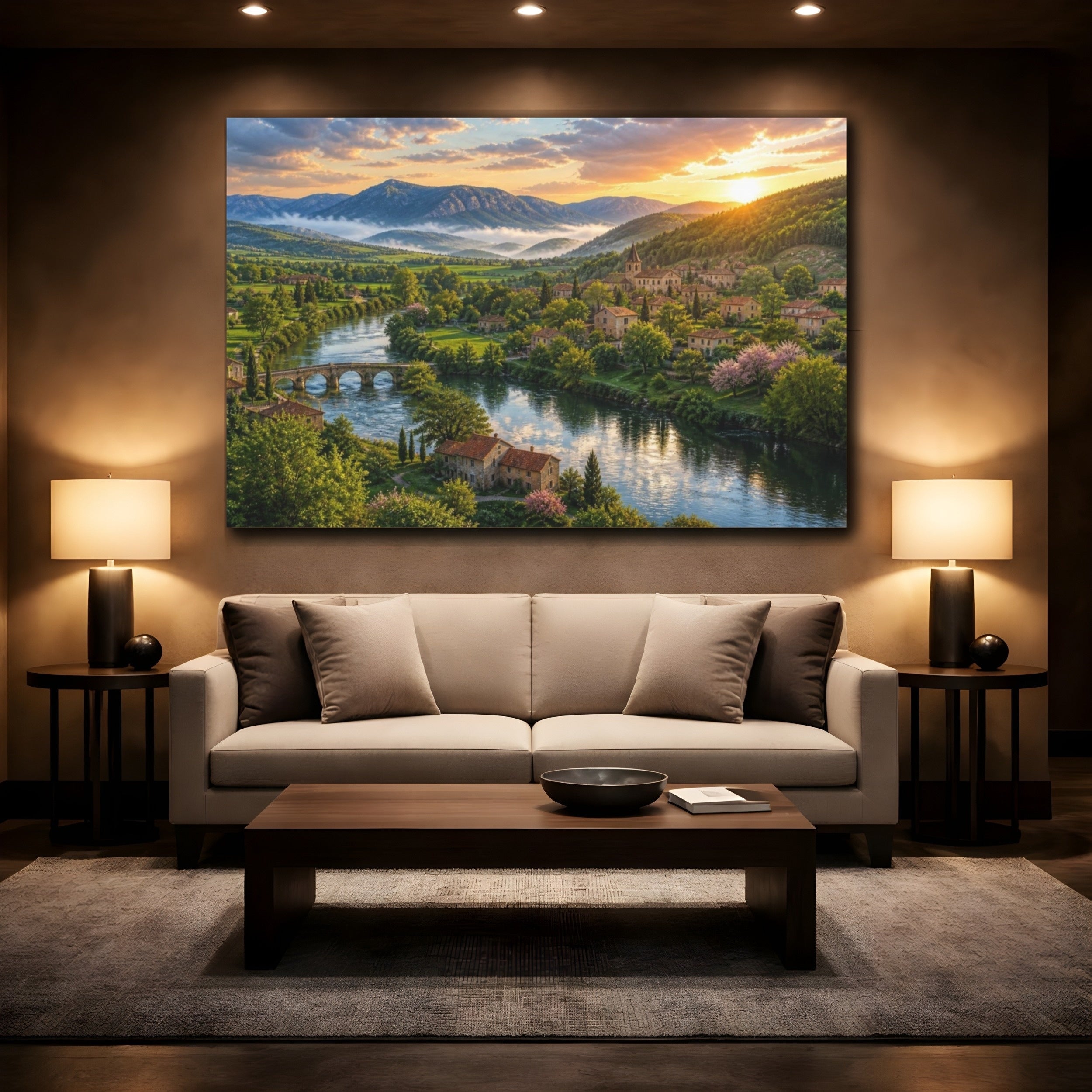 Mockup 2. Riverside Sunrise Landscape shown as canvas print