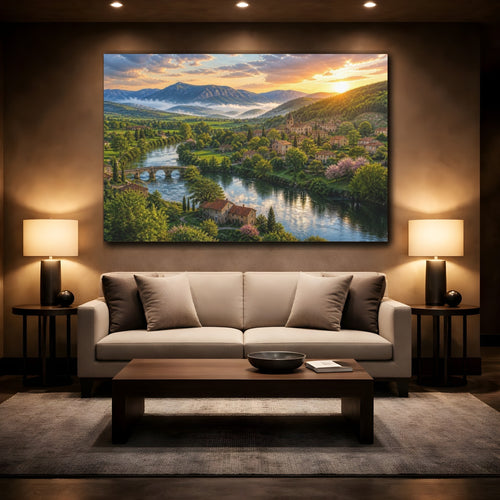 Mockup 2. Riverside Sunrise Landscape shown as canvas print