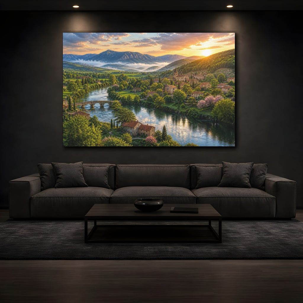 Mockup 3. Riverside Sunrise Landscape shown as canvas print