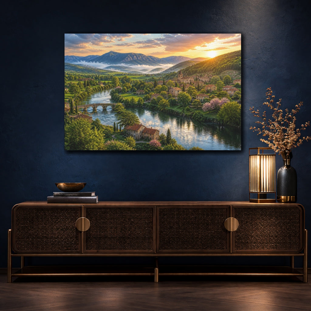 Mockup 4. Riverside Sunrise Landscape shown as canvas print