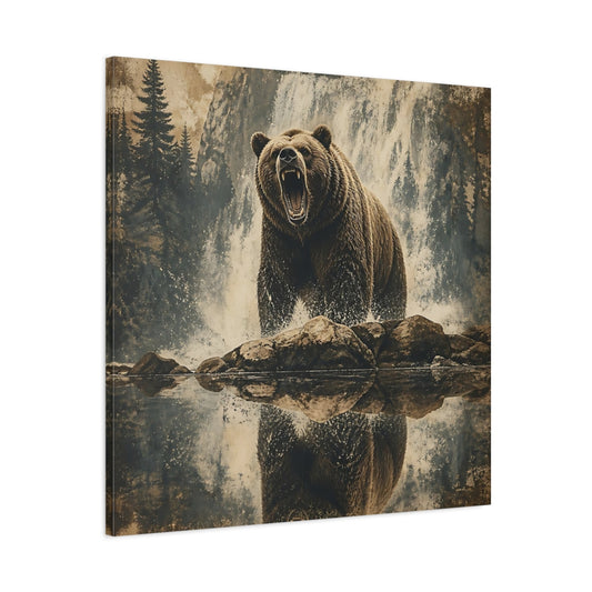 Main Mockup. Roaring Grizzly At Waterfall shown as canvas print
