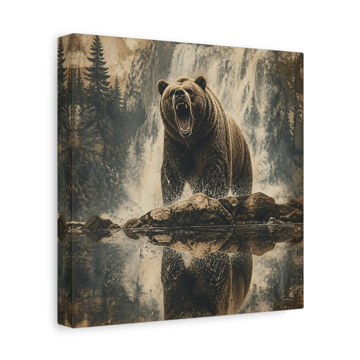 Side Mockup 9. Roaring Grizzly At Waterfall shown as canvas print