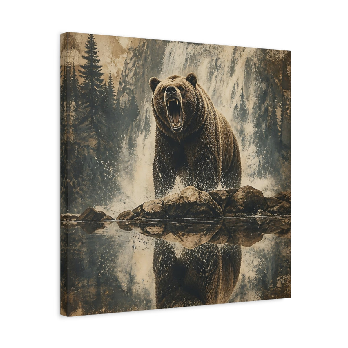 Side Mockup 5. Roaring Grizzly At Waterfall shown as canvas print