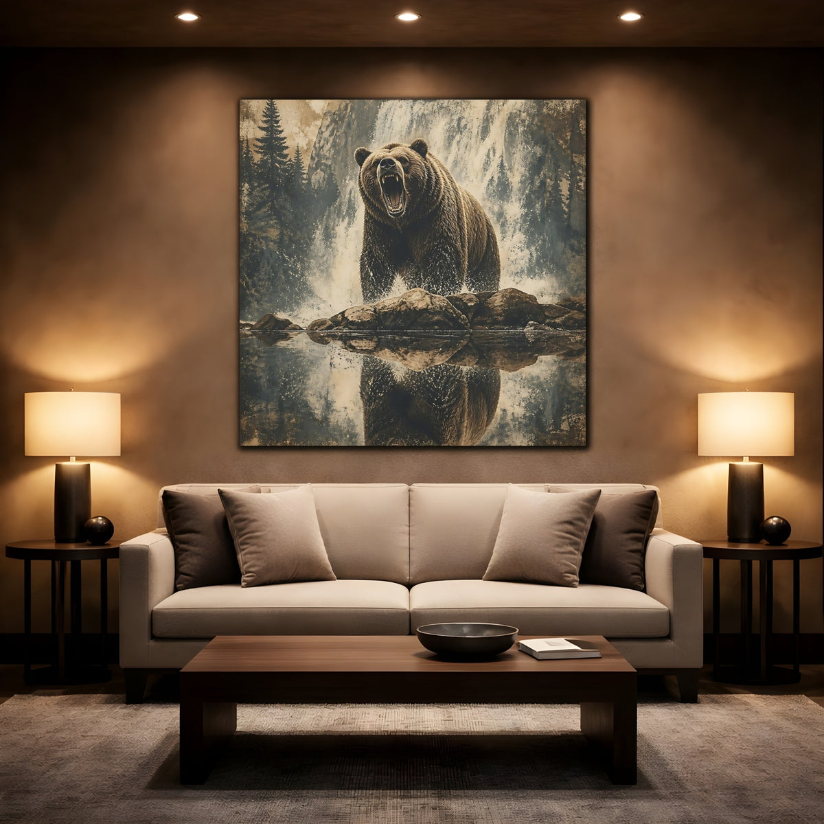 Mockup 2. Roaring Grizzly At Waterfall shown as canvas print