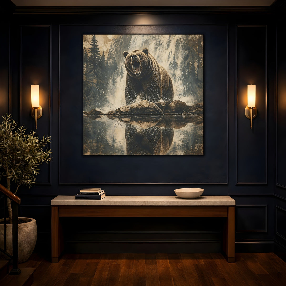 Mockup 4. Roaring Grizzly At Waterfall shown as canvas print